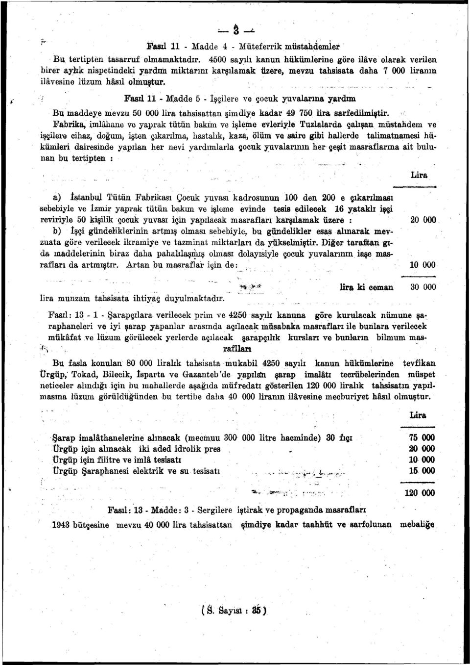 Fasıl - Madde 5 - İşçilere ve çocuk yuvalarına yardım Bu maddeye mevzu 50 000 lira tahsisattan şimdiye kadar 49 750 lira sarf edilmiştir.