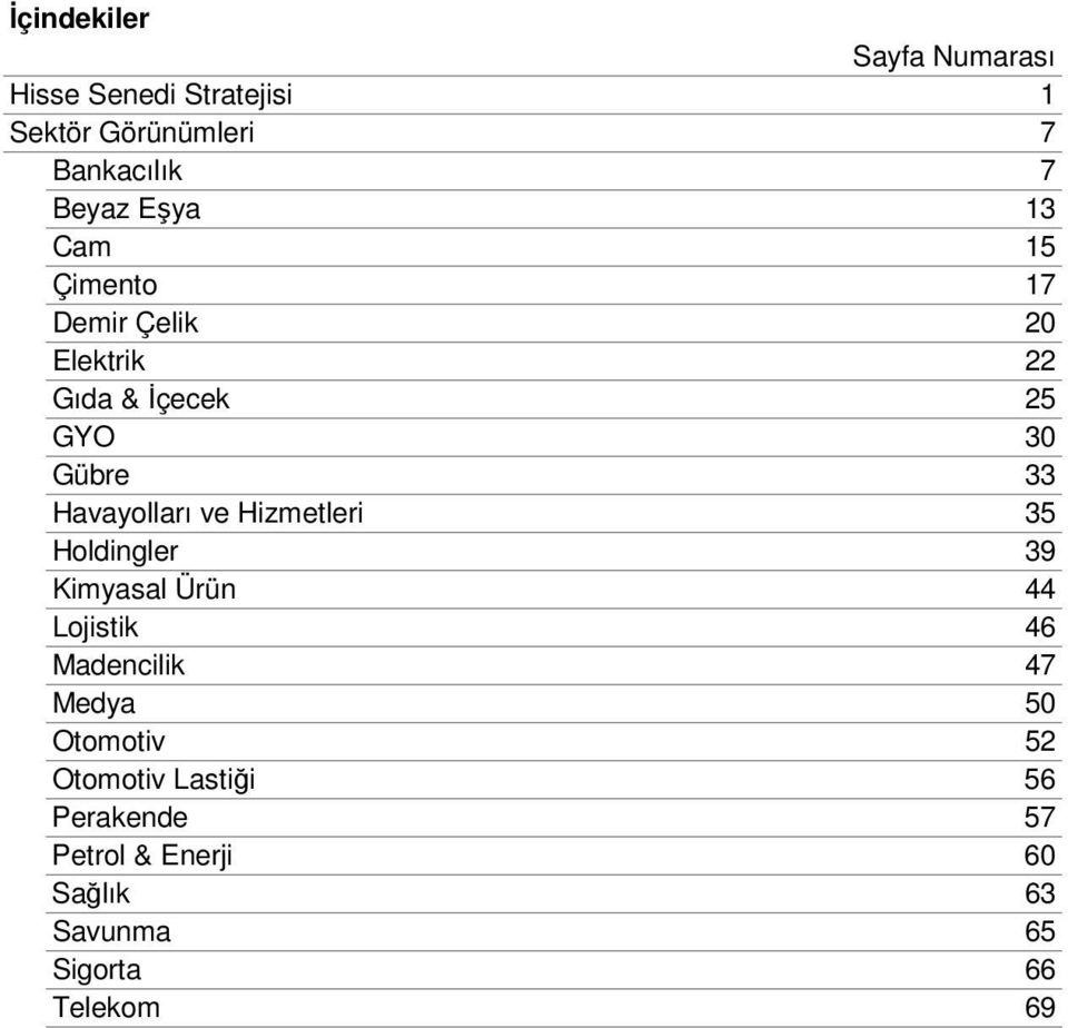 Havayolları ve Hizmetleri 35 Holdingler 39 Kimyasal Ürün 44 Lojistik 46 Madencilik 47 Medya 50