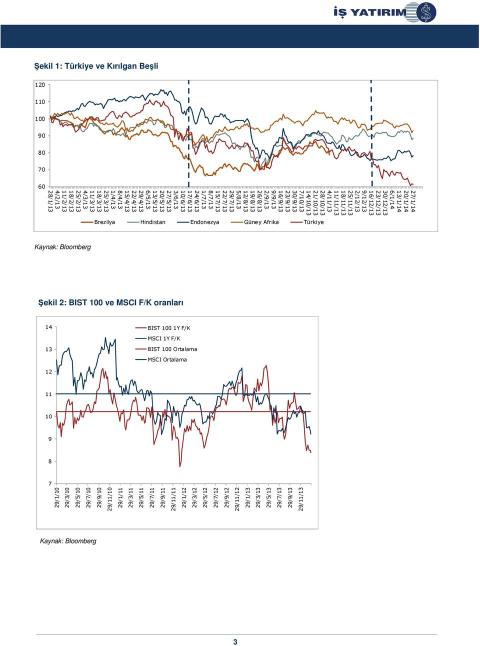 15/4/13 8/4/13 1/4/13 25/3/13 18/3/13 11/3/13 4/3/13 25/2/13 18/2/13 11/2/13 4/2/13 28/1/13 Brezilya Hindistan Endonezya Güney Afrika Türkiye Kaynak: Bloomberg Şekil 2: BIST 100 ve MSCI F/K oranları