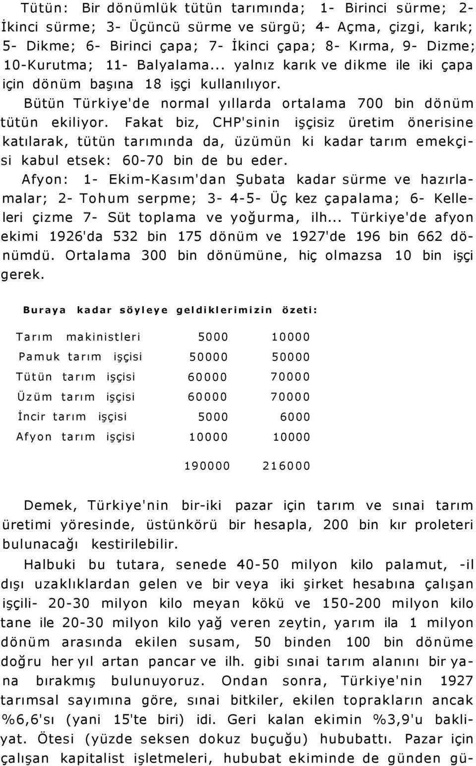 Fakat biz, CHP'sinin işçisiz üretim önerisine katılarak, tütün tarımında da, üzümün ki kadar tarım emekçisi kabul etsek: 60-70 bin de bu eder.