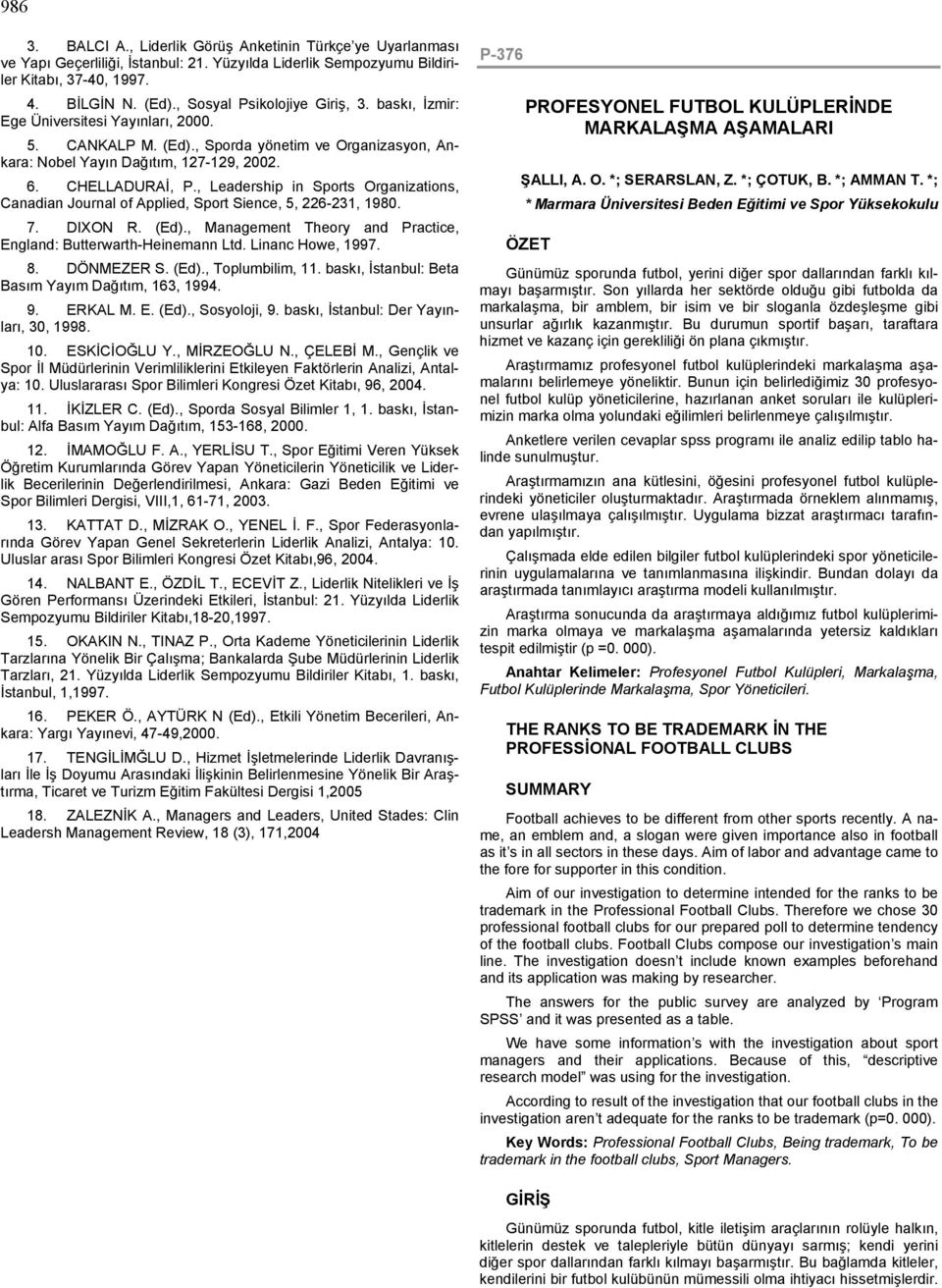 , Leadership in Sports Organizations, Canadian Journal of Applied, Sport Sience, 5, 226-231, 1980. 7. DIXON R. (Ed)., Management Theory and Practice, England: Butterwarth-Heinemann Ltd.