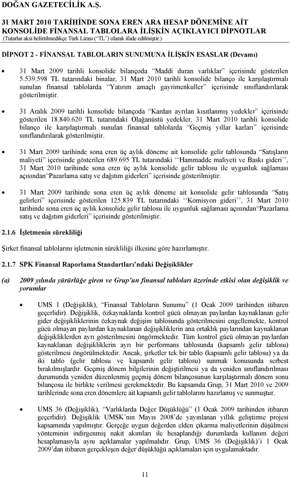 31 Aralık 2009 tarihli konsolide bilançoda Kardan ayrılan kısıtlanmış yedekler içerisinde gösterilen 18.840.