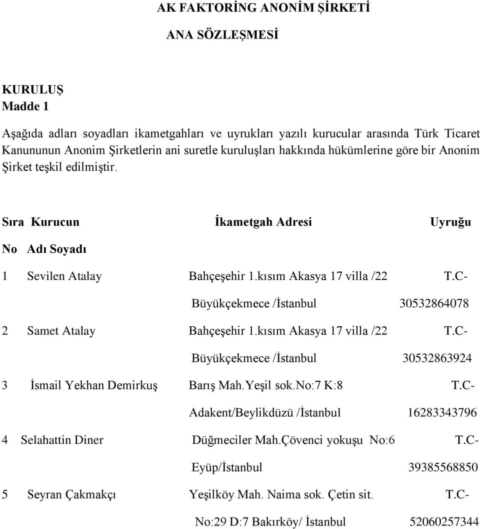 C- Büyükçekmece /İstanbul 30532864078 2 Samet Atalay Bahçeşehir 1.kısım Akasya 17 villa /22 T.C- Büyükçekmece /İstanbul 30532863924 3 İsmail Yekhan Demirkuş Barış Mah.Yeşil sok.no:7 K:8 T.