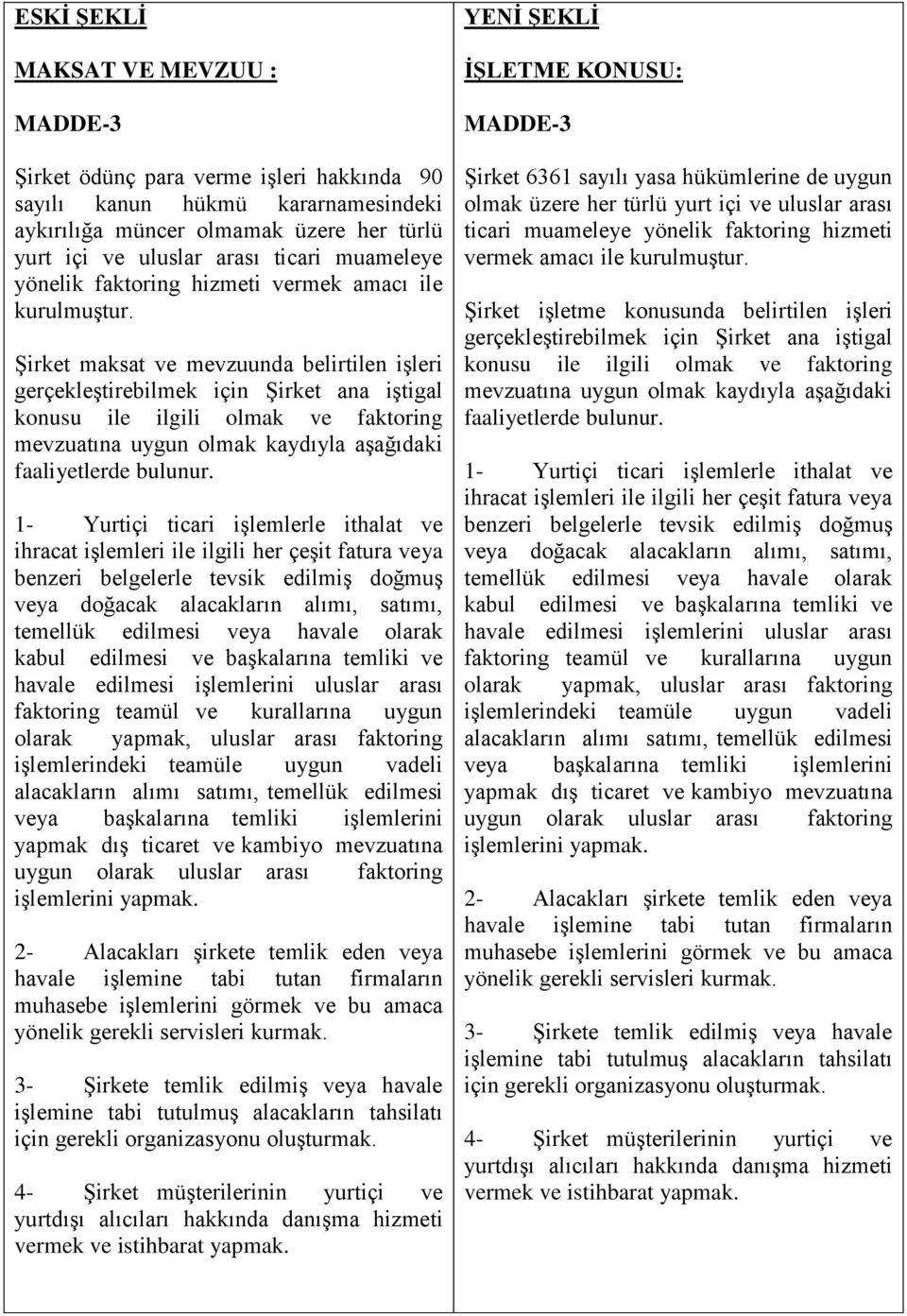 Şirket maksat ve mevzuunda belirtilen işleri gerçekleştirebilmek için Şirket ana iştigal konusu ile ilgili olmak ve faktoring mevzuatına uygun olmak kaydıyla aşağıdaki faaliyetlerde bulunur.