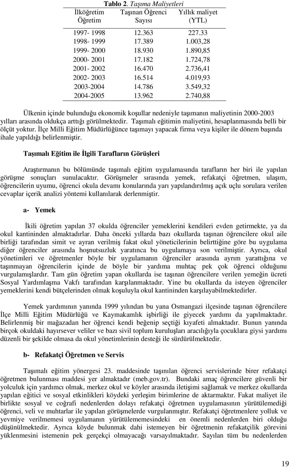 740,88 Ülkenin içinde bulunduu ekonomik koullar nedeniyle taımanın maliyetinin 2000-2003 yılları arasında oldukça arttıı görülmektedir.