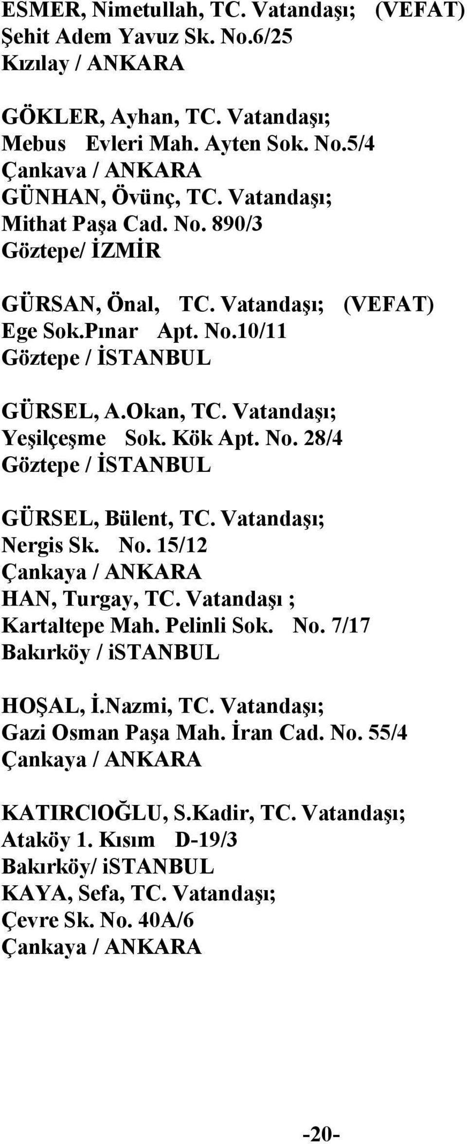 Vatandaşı; Nergis Sk. No. 15/12 Çankaya / ANKARA HAN, Turgay, TC. Vatandaşı ; Kartaltepe Mah. Pelinli Sok. No. 7/17 Bakırköy / istanbul HOŞAL, İ.Nazmi, TC. Vatandaşı; Gazi Osman Paşa Mah. İran Cad.