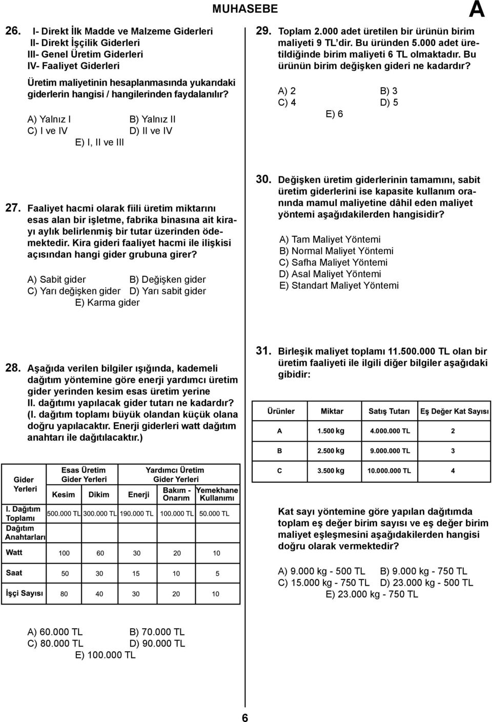 000 adet üretildiğinde birim maliyeti 6 TL olmaktadır. Bu ürünün birim değişken gideri ne kadardır? ) 2 B) 3 C) 4 D) 5 E) 6 27.