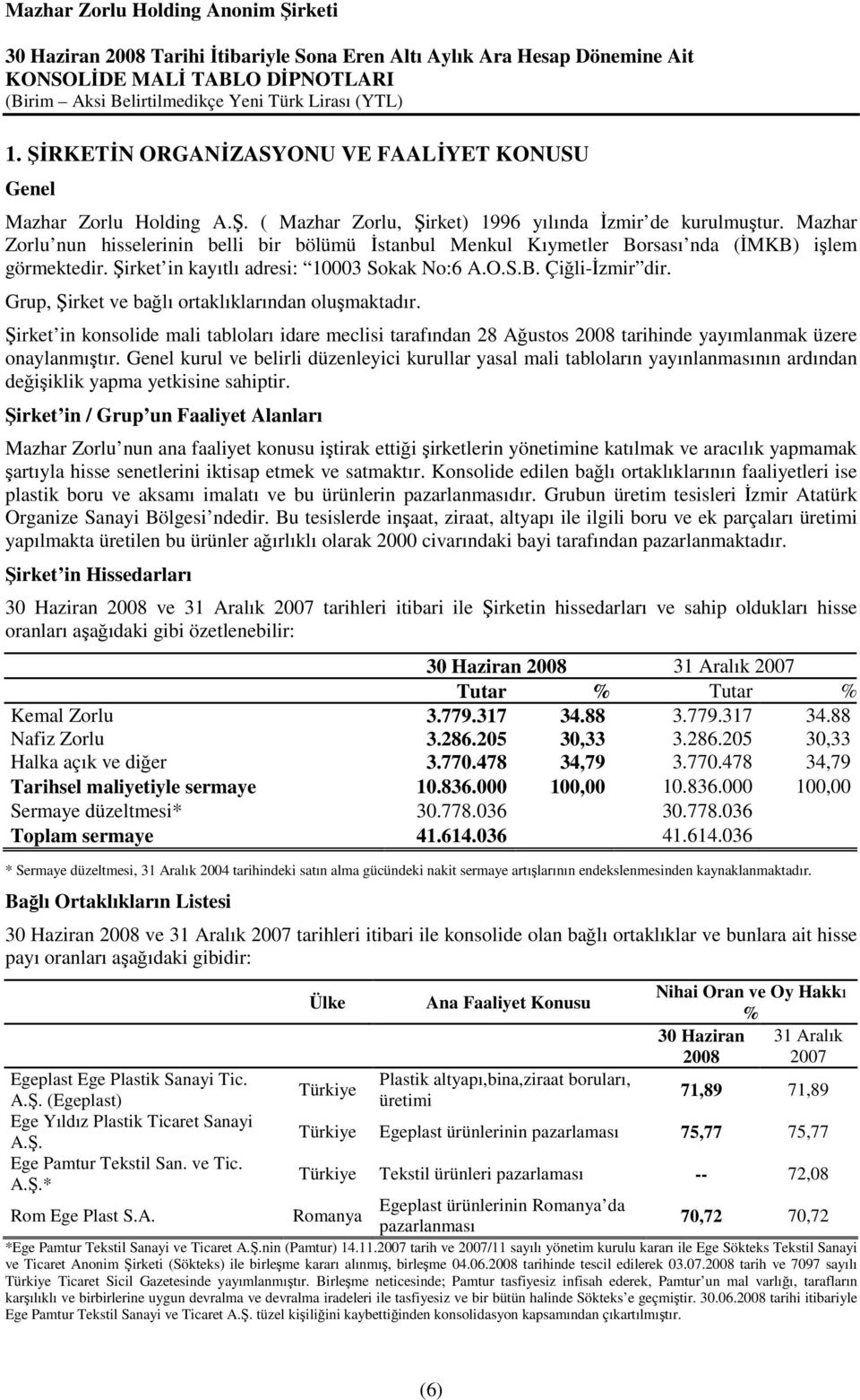 Grup, Şirket ve bağlı ortaklıklarından oluşmaktadır. Şirket in konsolide mali tabloları idare meclisi tarafından 28 Ağustos 2008 tarihinde yayımlanmak üzere onaylanmıştır.