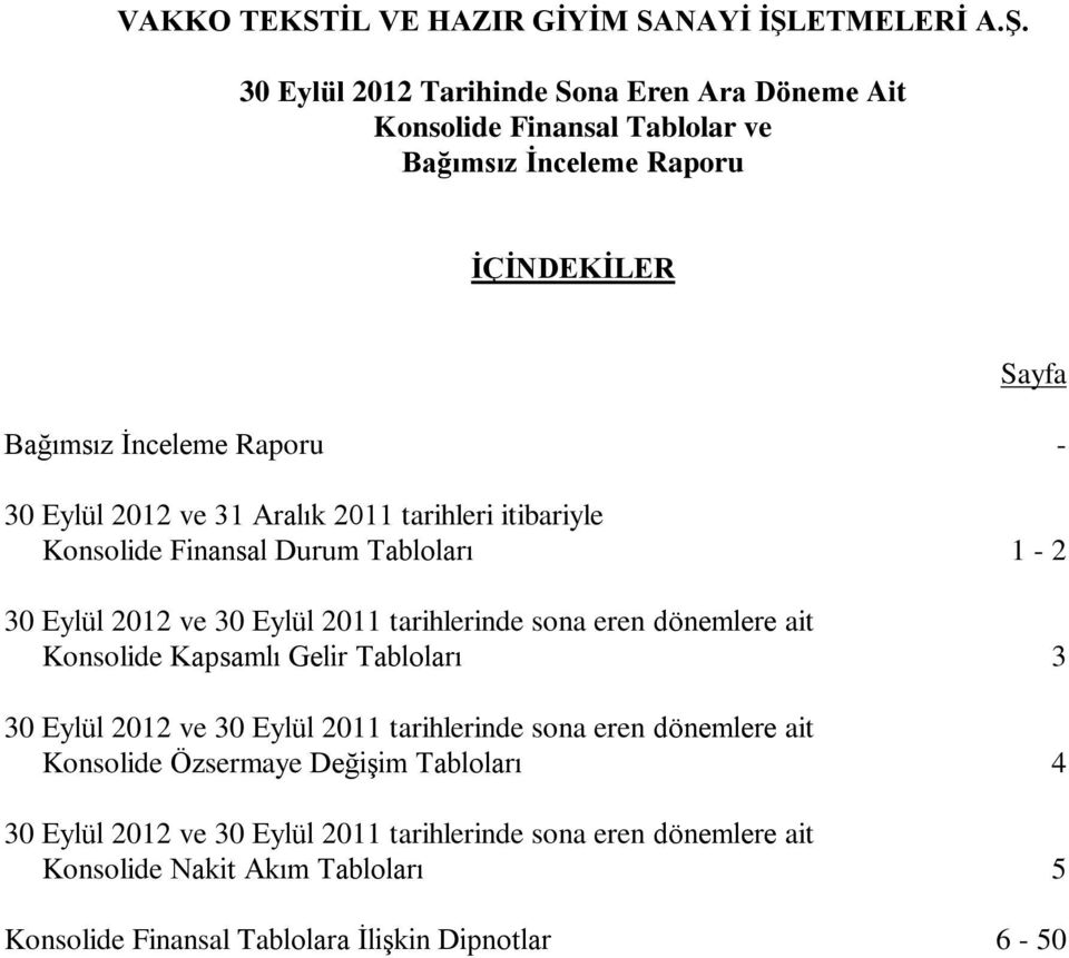 dönemlere ait Konsolide Kapsamlı Gelir Tabloları 3 30 Eylül 2012 ve 30 Eylül 2011 tarihlerinde sona eren dönemlere ait Konsolide Özsermaye Değişim