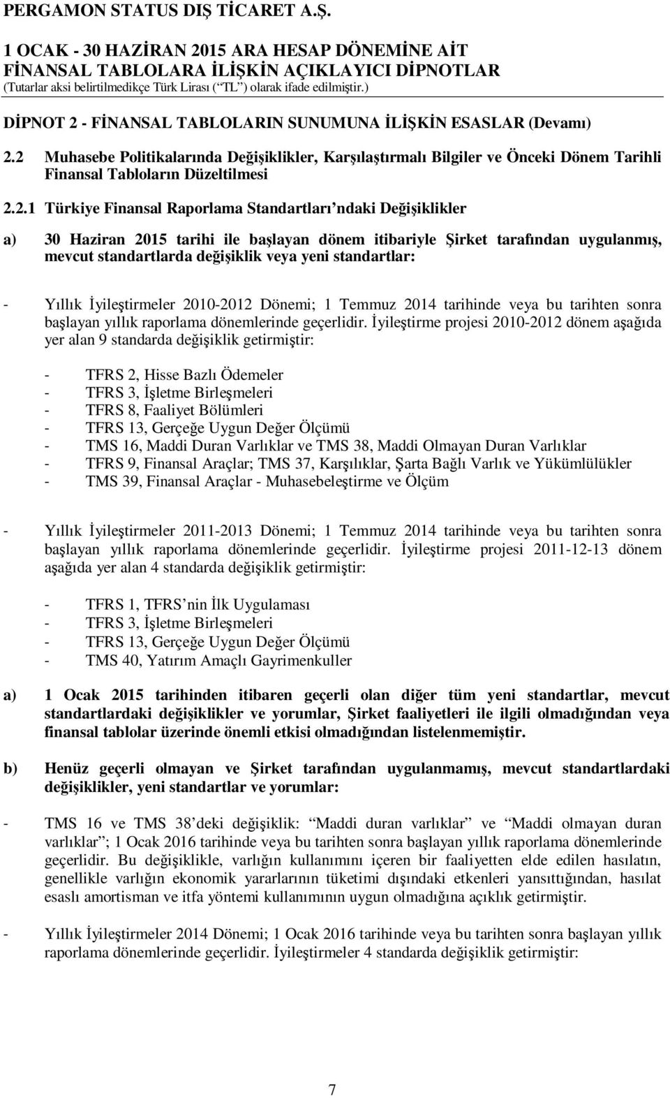 2 Muhasebe Politikalarında Değişiklikler, Karşılaştırmalı Bilgiler ve Önceki Dönem Tarihli Finansal Tabloların Düzeltilmesi 2.2.1 Türkiye Finansal Raporlama Standartları ndaki Değişiklikler a) 30