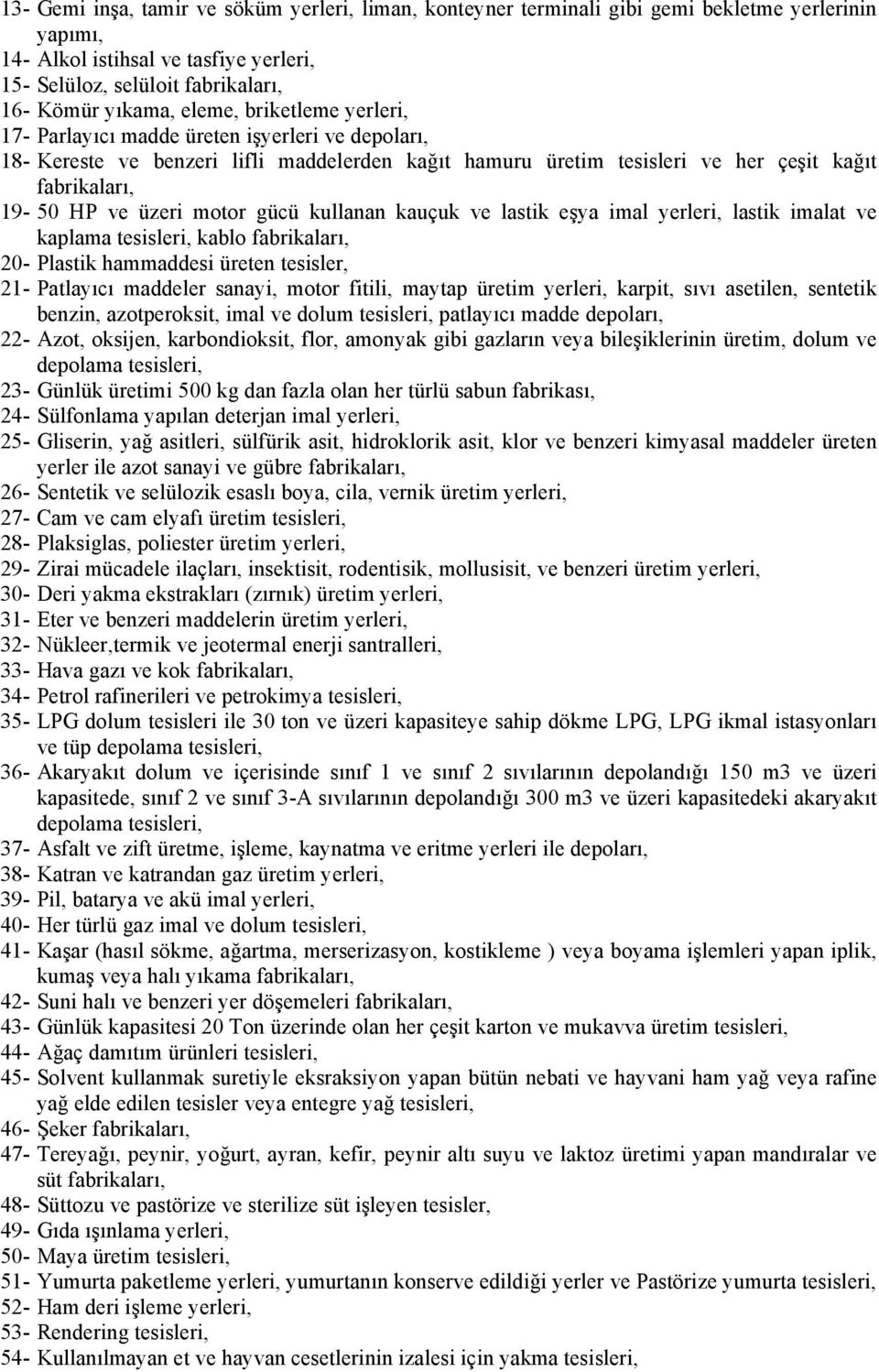 motor gücü kullanan kauçuk ve lastik eşya imal yerleri, lastik imalat ve kaplama tesisleri, kablo fabrikaları, 20- Plastik hammaddesi üreten tesisler, 21- Patlayıcı maddeler sanayi, motor fitili,