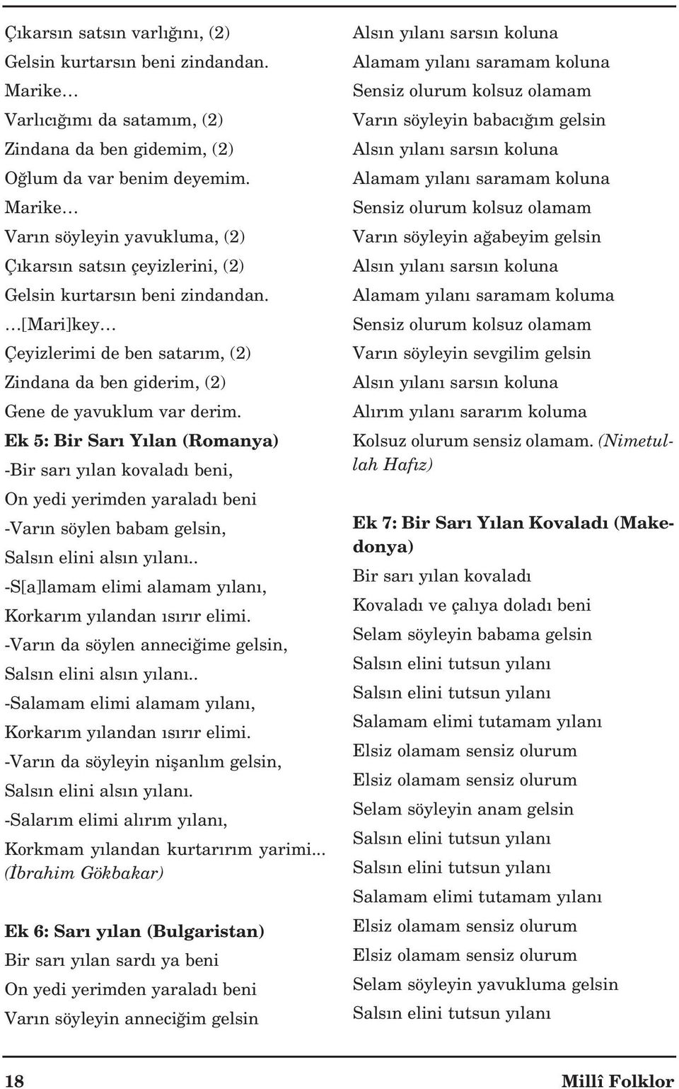 Ek 5: Bir Sar Y lan (Romanya) -Bir sar y lan kovalad beni, On yedi yerimden yaralad beni -Var n söylen babam gelsin, Sals n elini als n y lan.