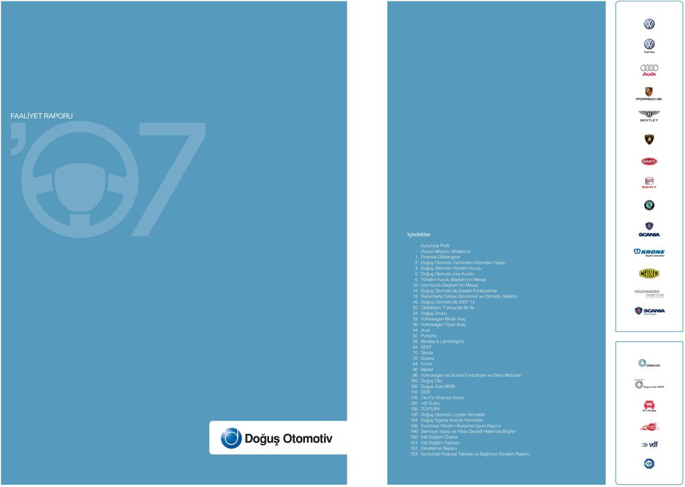 20 OtoMotion: Türkiye de Bir lk 24 Do ufl Grubu 28 Volkswagen Binek Araç 36 Volkswagen Ticari Araç 44 Audi 50 Porsche 56 Bentley & Lamborghini 64 SEAT 70 Skoda 76 Scania 84 Krone 90 Meiller 96