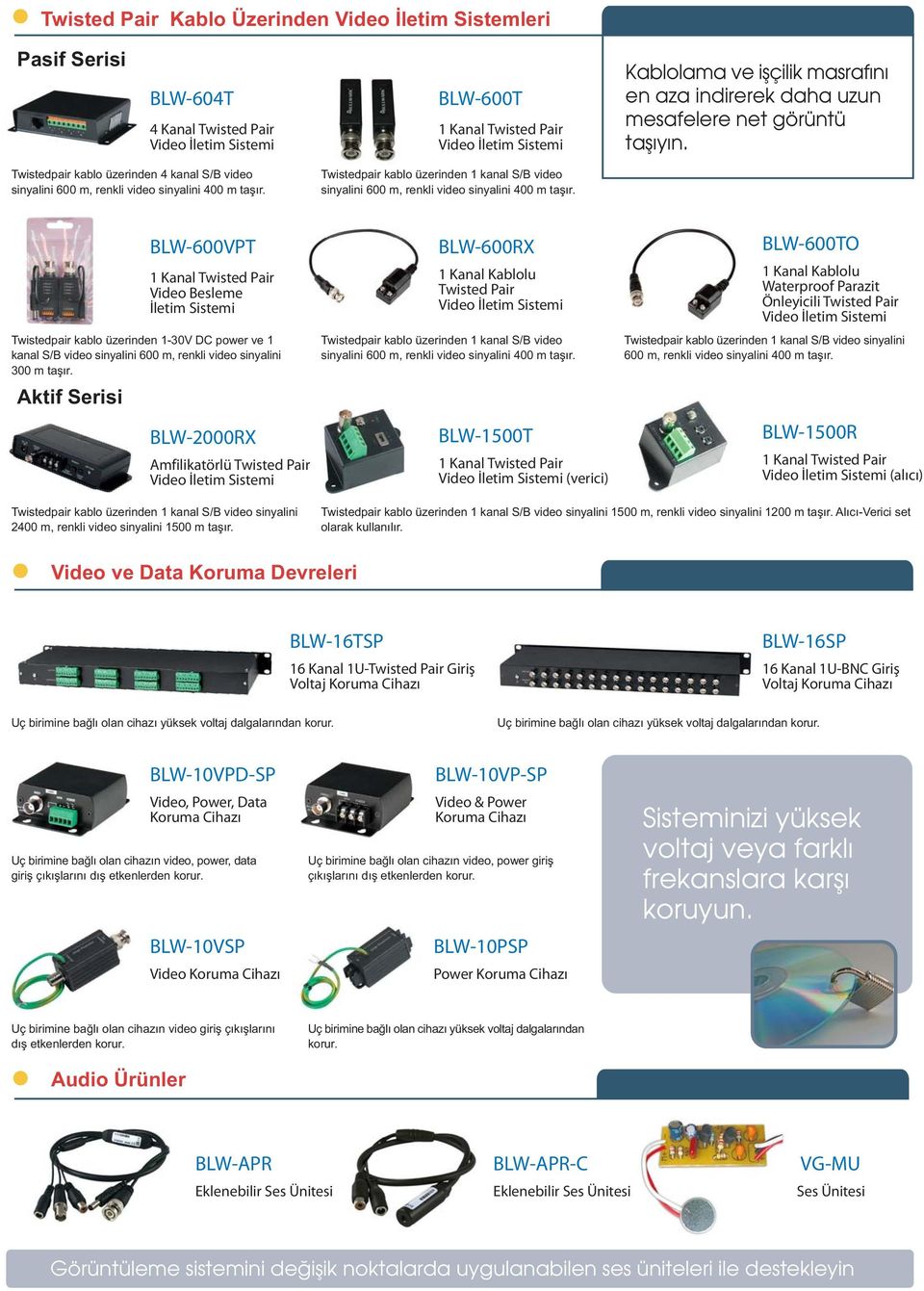 BLW-600VPT Video Besleme Ýletim Sistemi Twistedpair kablo üzerinden 1-30V DC power ve 1 kanal S/B video sinyalini 600 m, renkli video sinyalini 300 m taþýr.