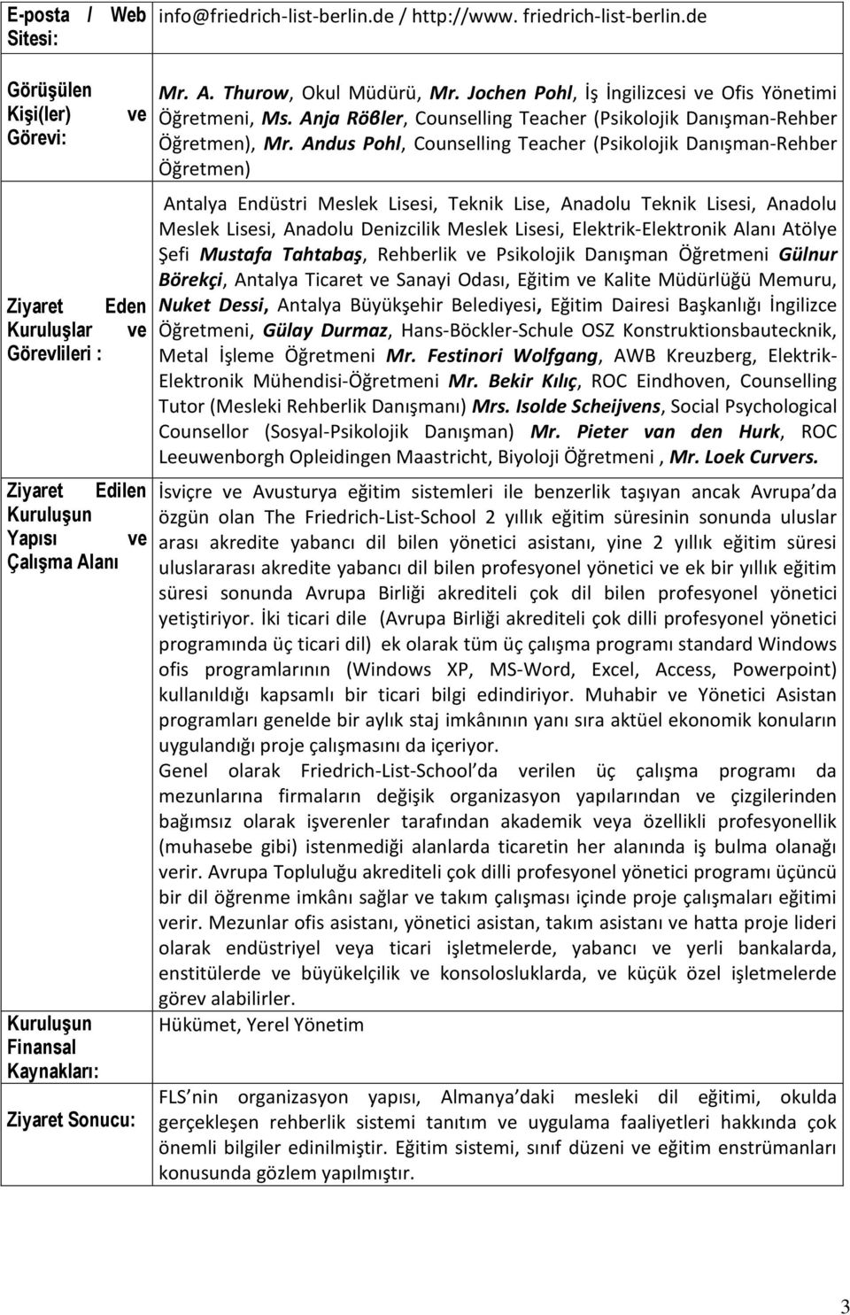 Andus Pohl, Counselling Teacher (Psikolojik Danışman-Rehber Öğretmen) Antalya Endüstri Meslek Lisesi, Teknik Lise, Anadolu Teknik Lisesi, Anadolu Meslek Lisesi, Anadolu Denizcilik Meslek Lisesi,