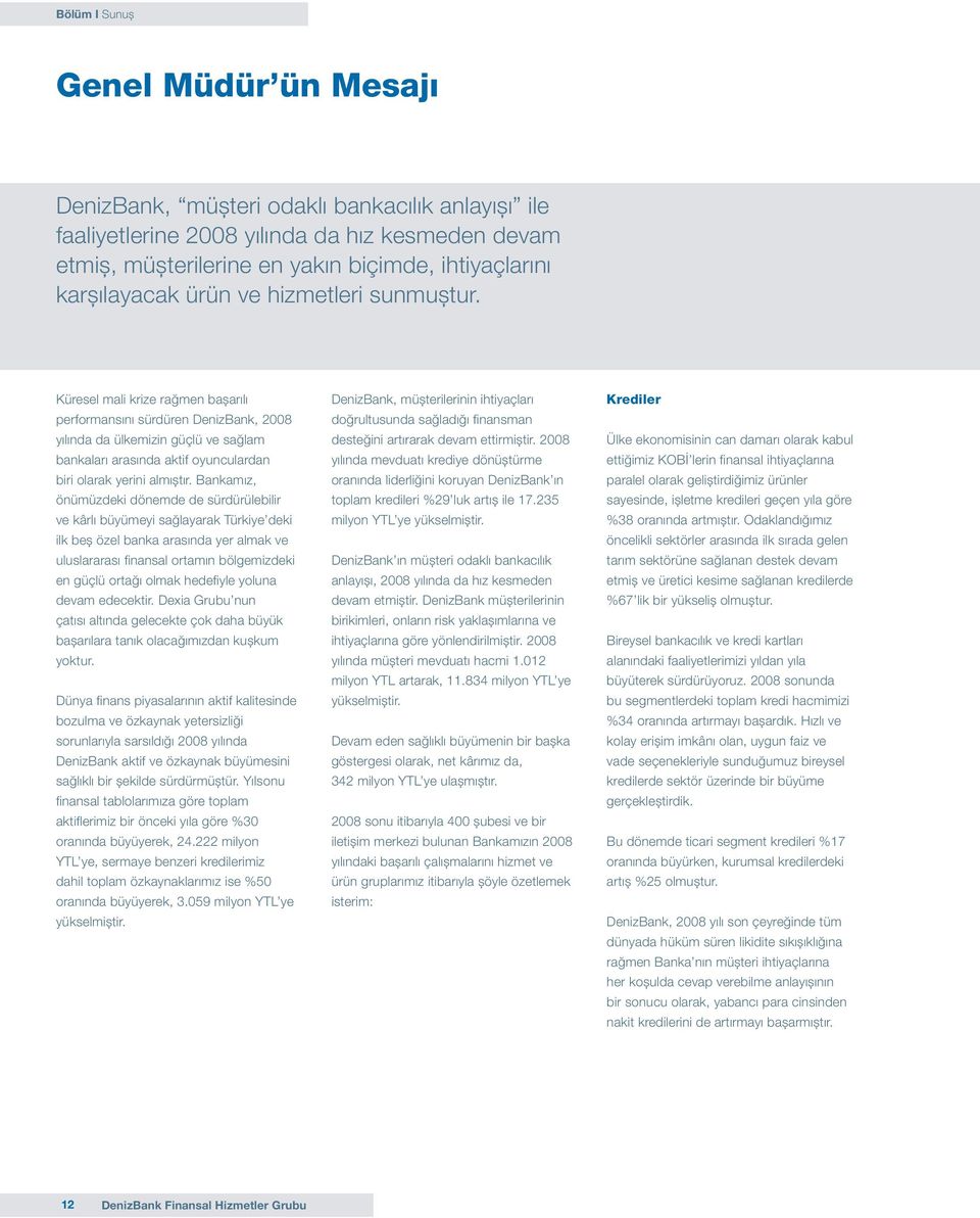 Küresel mali krize rağmen bașarılı performansını sürdüren DenizBank, 2008 yılında da ülkemizin güçlü ve sağlam bankaları arasında aktif oyunculardan biri olarak yerini almıștır.