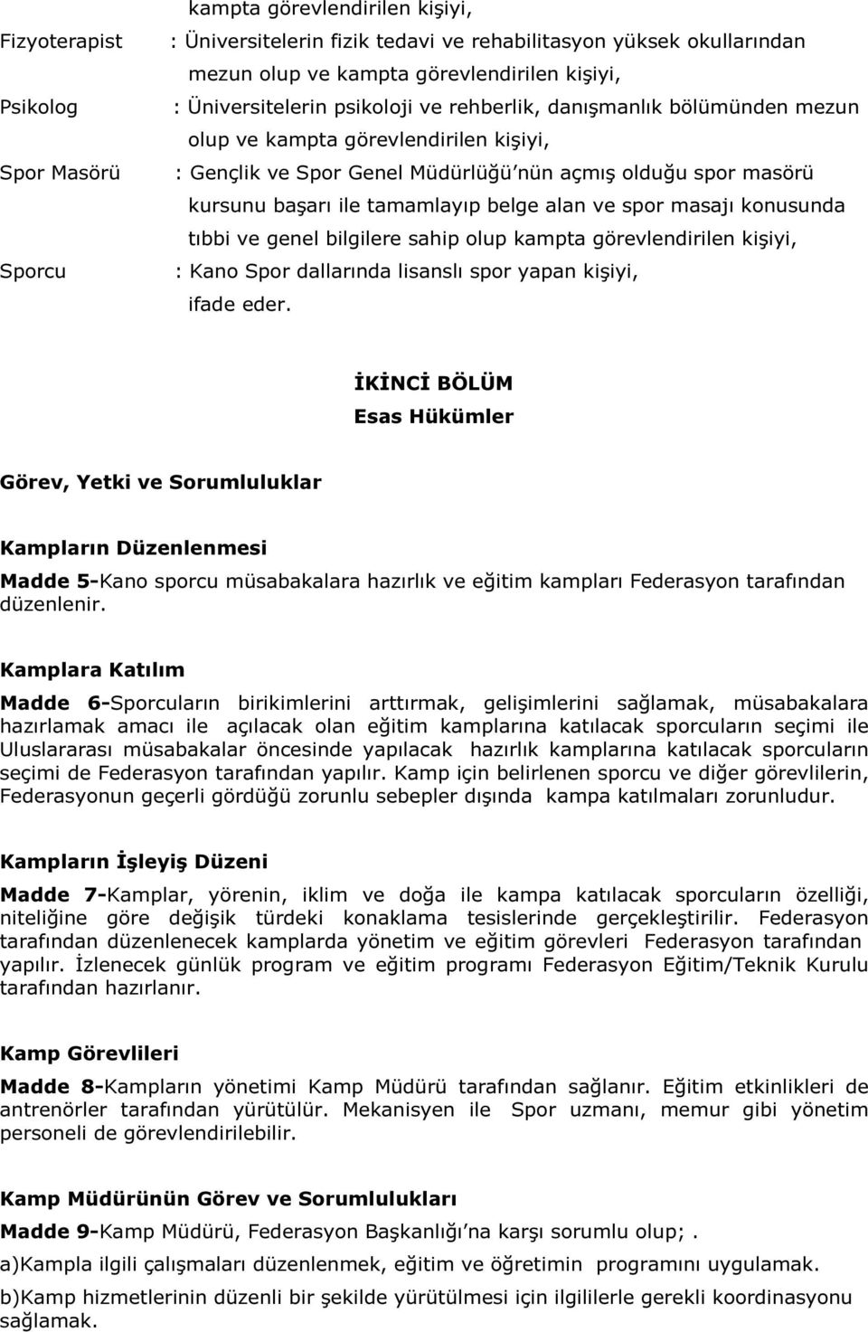 tamamlayıp belge alan ve spor masajı konusunda tıbbi ve genel bilgilere sahip olup kampta görevlendirilen kişiyi, : Kano Spor dallarında lisanslı spor yapan kişiyi, ifade eder.