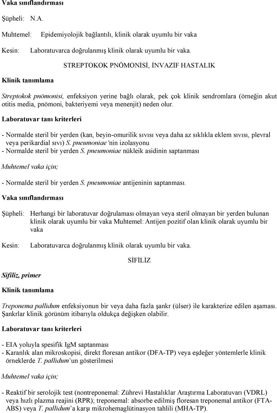 pneumoniae nin izolasyonu - Normalde steril bir yerden S. pneumoniae nükleik asidinin saptanması Muhtemel vaka için; - Normalde steril bir yerden S. pneumoniae antijeninin saptanması.