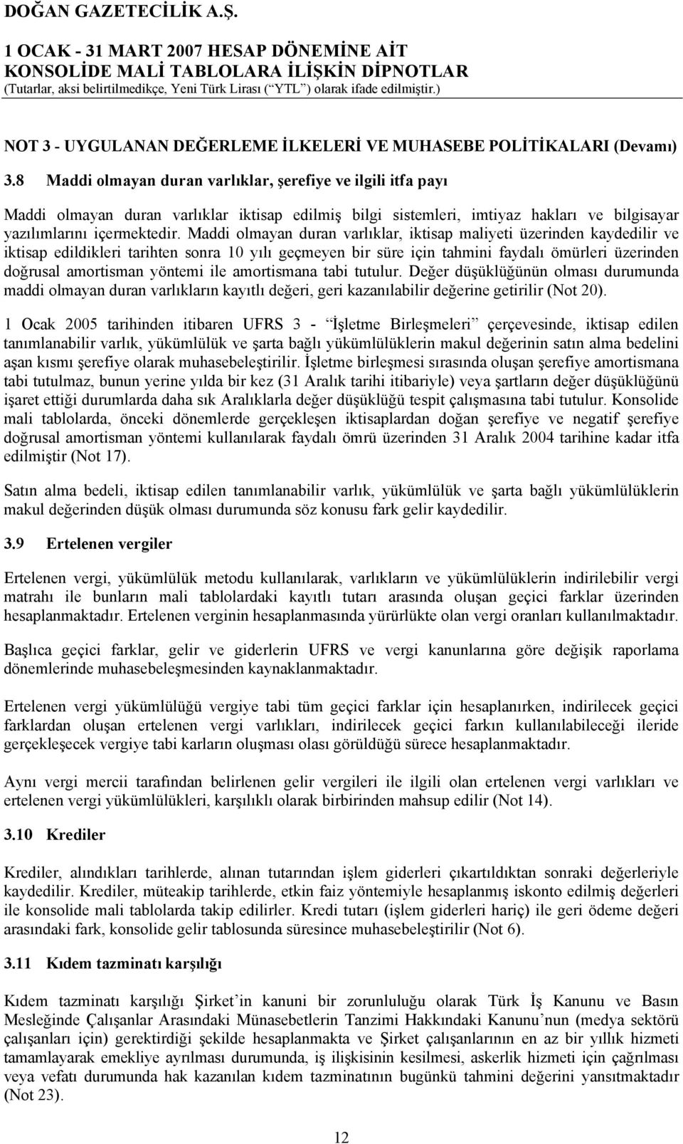 Maddi olmayan duran varlıklar, iktisap maliyeti üzerinden kaydedilir ve iktisap edildikleri tarihten sonra 10 yılı geçmeyen bir süre için tahmini faydalı ömürleri üzerinden doğrusal amortisman