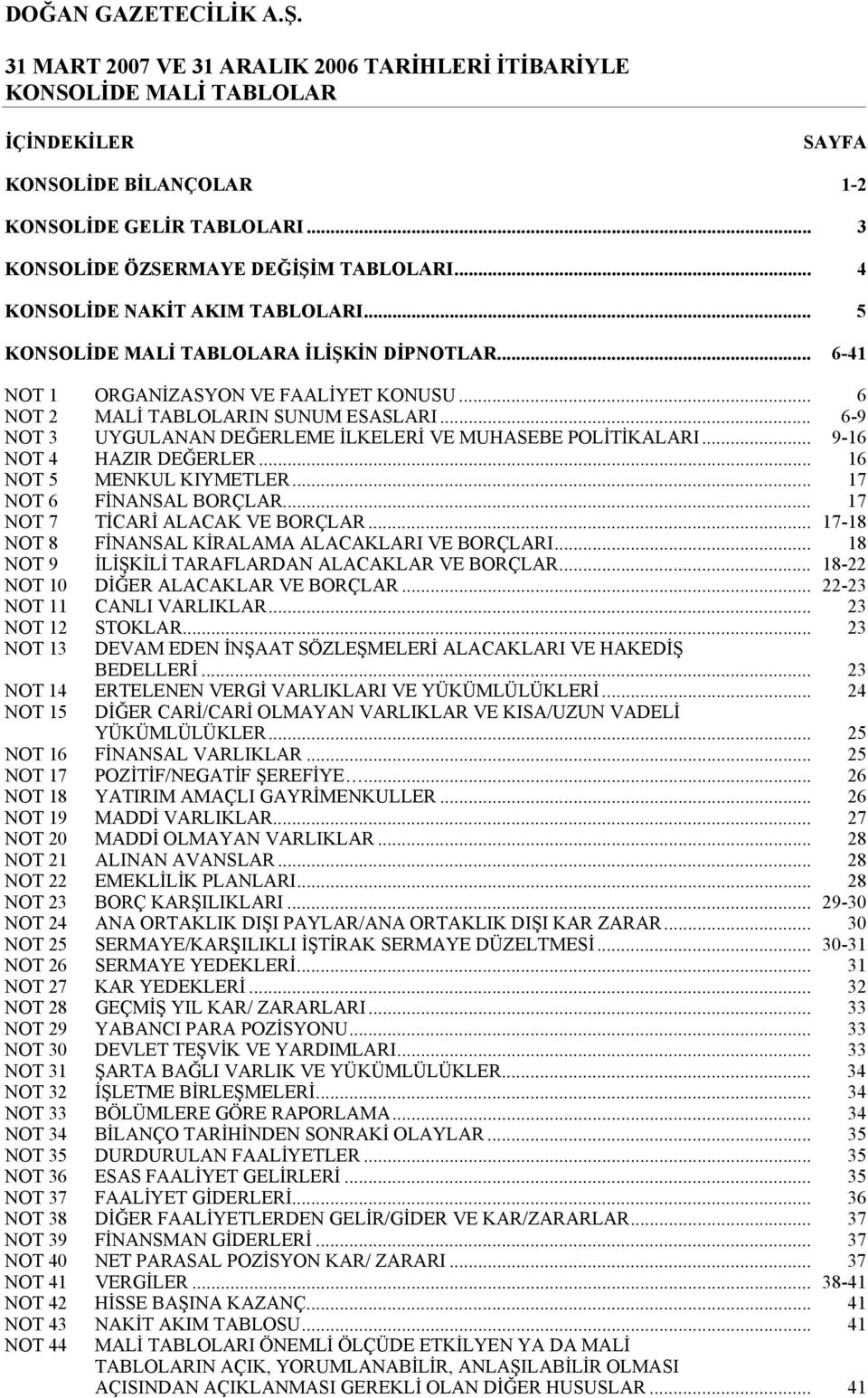 .. 9-16 NOT 4 HAZIR DEĞERLER... 16 NOT 5 MENKUL KIYMETLER... 17 NOT 6 FİNANSAL BORÇLAR... 17 NOT 7 TİCARİ ALACAK VE BORÇLAR... 17-18 NOT 8 FİNANSAL KİRALAMA ALACAKLARI VE BORÇLARI.