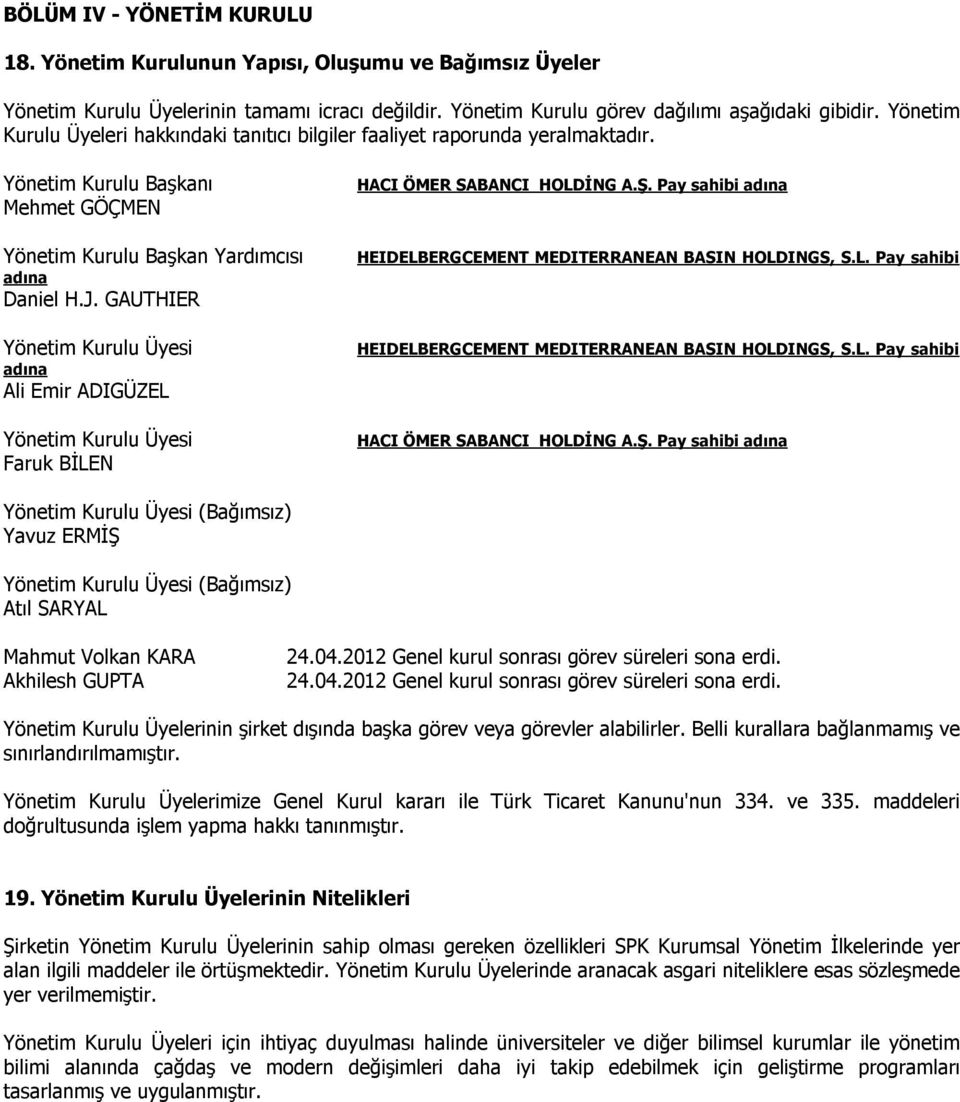 GAUTHIER Yönetim Kurulu Üyesi adına Ali Emir ADIGÜZEL Yönetim Kurulu Üyesi Faruk BİLEN HACI ÖMER SABANCI HOLDİNG A.Ş. Pay sahibi adına HEIDELBERGCEMENT MEDITERRANEAN BASIN HOLDINGS, S.L. Pay sahibi HEIDELBERGCEMENT MEDITERRANEAN BASIN HOLDINGS, S.