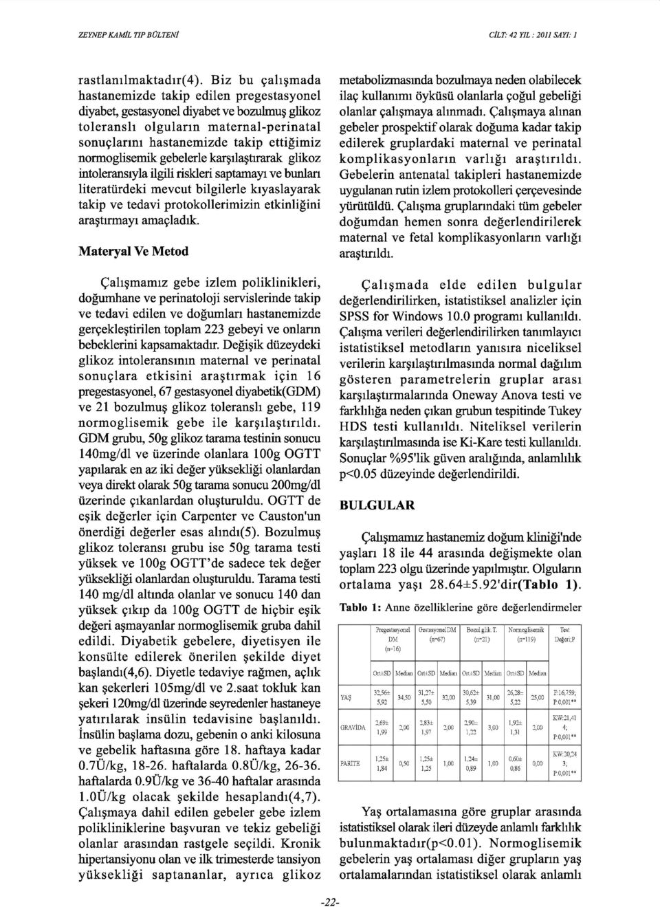 gebelerle kar~lla~trrarak glikoz intoleranstyla ilgili riskleri saptamay1 ve bunlart literaturdeki mevcut bilgilerle ktyaslayarak takip ve tedavi protokollerimizin etkinligini ara~tlrmayt ama<;ladtk.