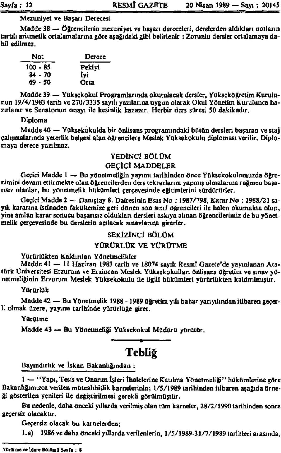 Not Derece 100-85 Pekiyi 84-70 iyi 69-50 Orta Madde 39 Yüksekokul Programlarında okutulacak dersler, Yükseköğretim Kurulunun 19/4/1983 tarih ve 270/3335 sayılı yazılarına uygun olarak Okul Yönetim