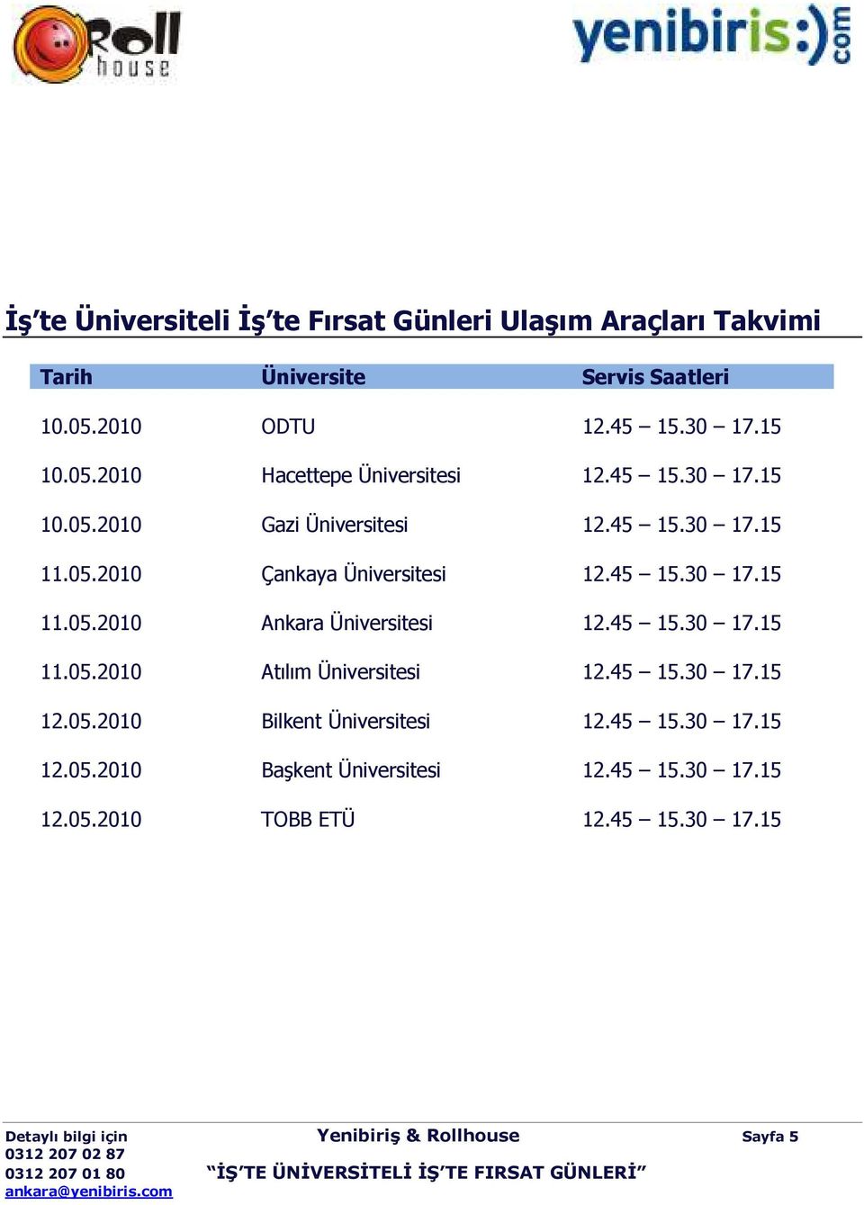 45 15.30 17.15 11.05.2010 Atılım Üniversitesi 12.45 15.30 17.15 12.05.2010 Bilkent Üniversitesi 12.45 15.30 17.15 12.05.2010 Başkent Üniversitesi 12.