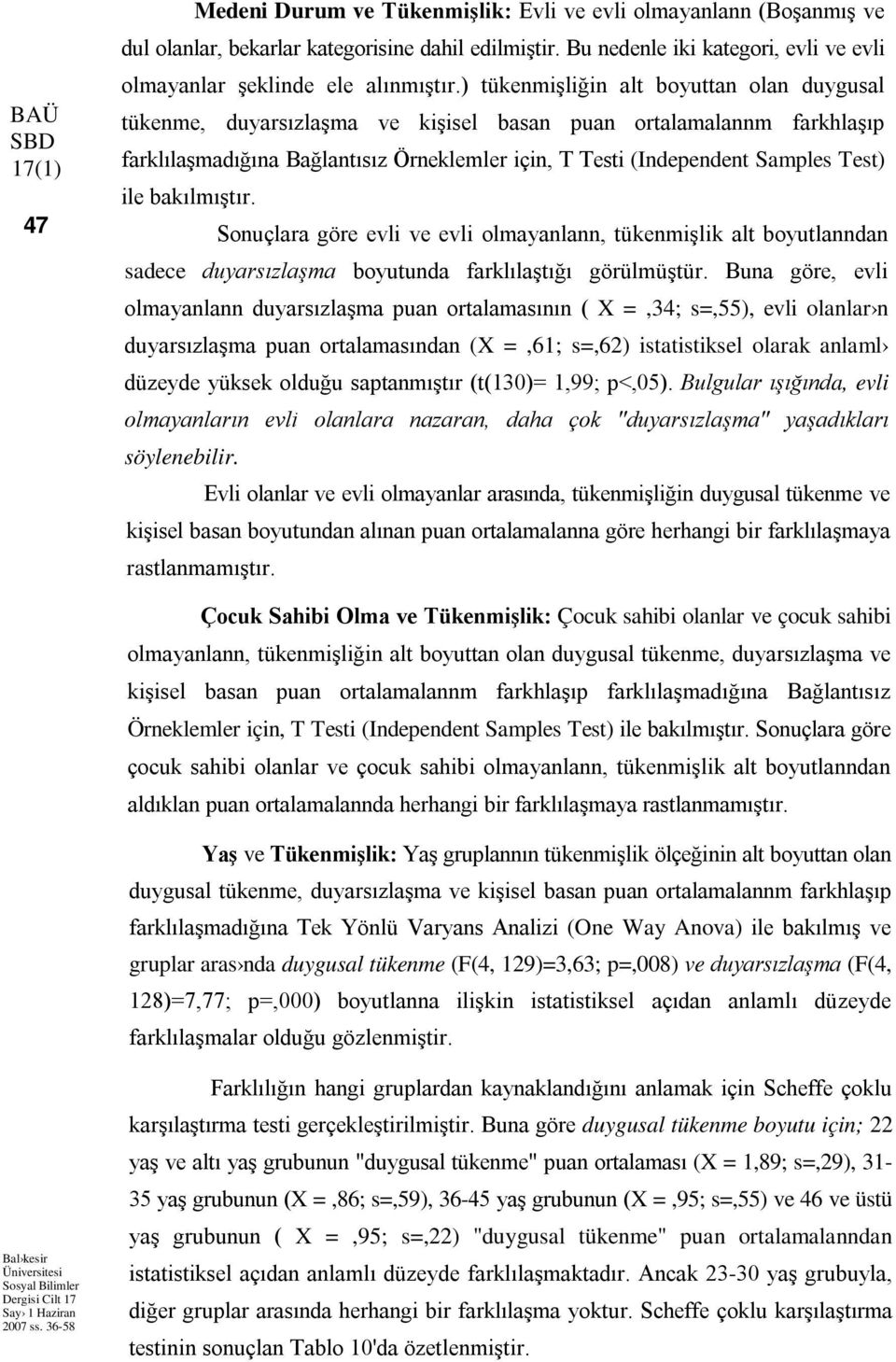 ) tükenmişliğin alt boyuttan olan duygusal tükenme, duyarsızlaşma ve kişisel basan puan ortalamalannm farkhlaşıp farklılaşmadığına Bağlantısız Örneklemler için, T Testi (Independent Samples Test) ile