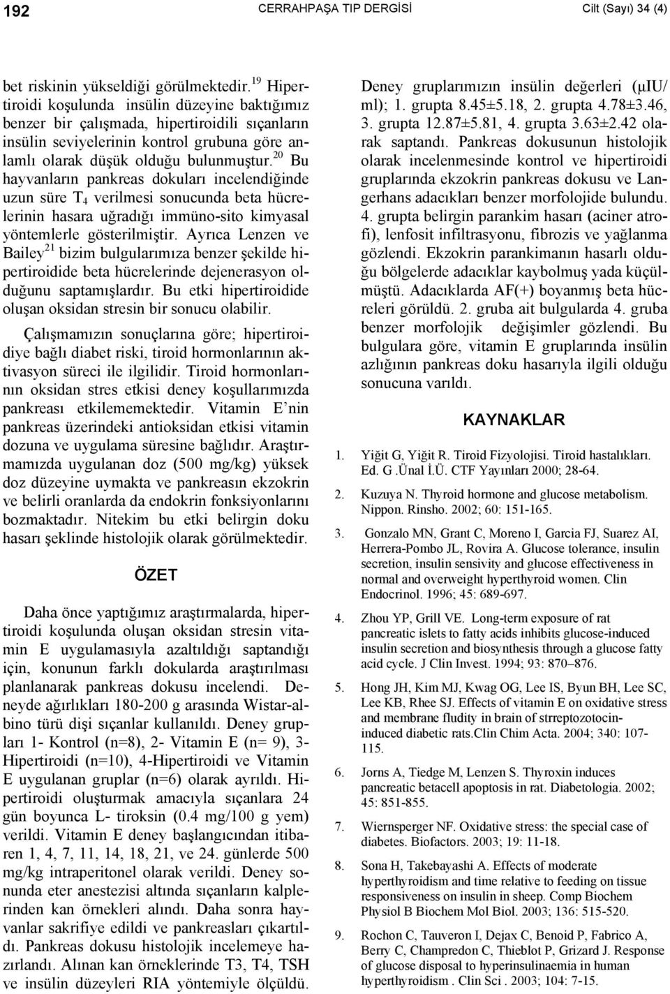 20 Bu hayvanların pankreas dokuları incelendiğinde uzun süre T 4 verilmesi sonucunda beta hücrelerinin hasara uğradığı immüno-sito kimyasal yöntemlerle gösterilmiştir.