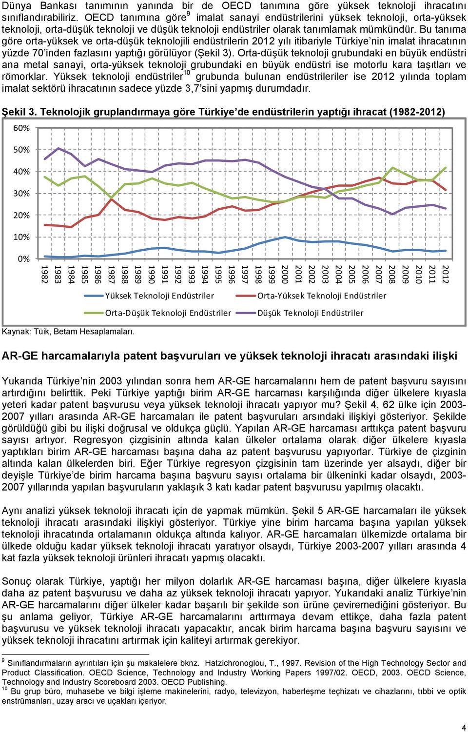 Bu tanıma göre orta-yüksek ve orta-düşük teknolojili endüstrilerin 2012 yılı itibariyle Türkiye nin imalat ihracatının yüzde 70 inden fazlasını yaptığı görülüyor (Şekil 3).