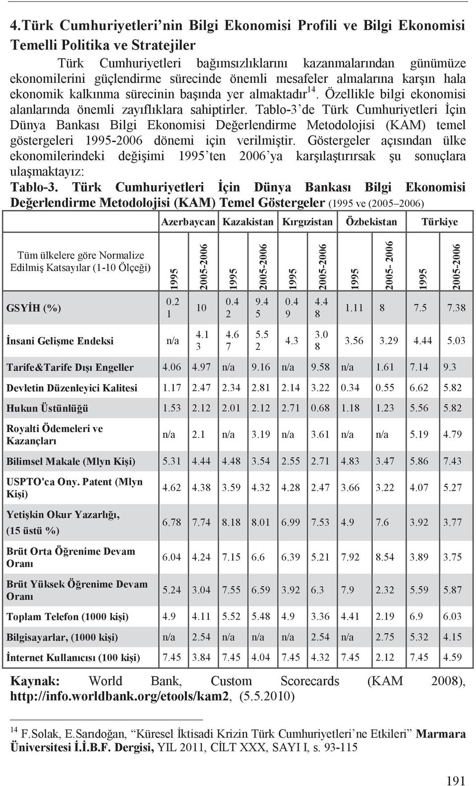 Tablo-3 de Türk Cumhuriyetleri çin Dünya Bankas Bilgi Ekonomisi De erlendirme Metodolojisi (KAM) temel göstergeleri 1995-2006 dönemi için verilmi tir.