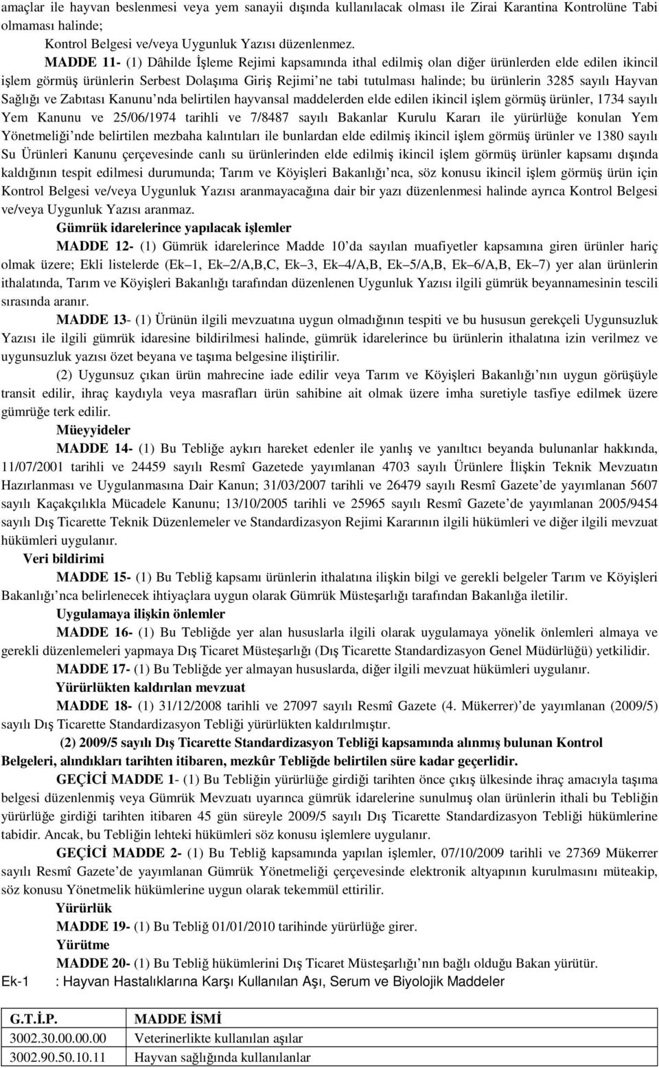 3285 sayılı Hayvan Sağlığı ve Zabıtası Kanunu nda belirtilen hayvansal maddelerden elde edilen ikincil işlem görmüş ürünler, 1734 sayılı Yem Kanunu ve 25/06/1974 tarihli ve 7/8487 sayılı Bakanlar