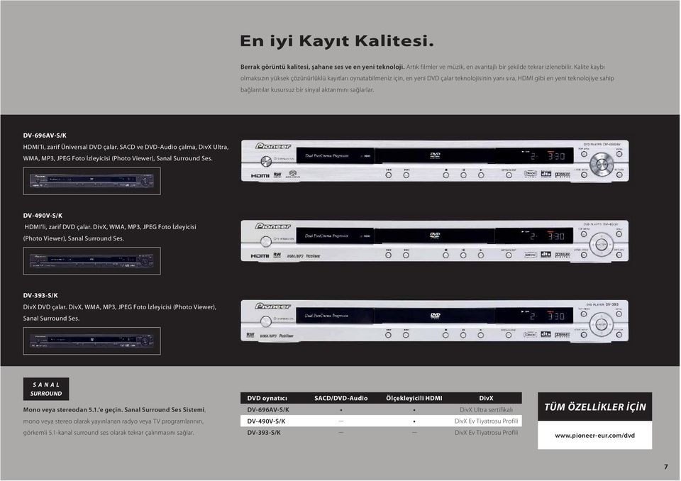 sağlarlar. DV-696AV-S/K HDMI li, zarif Üniversal DVD çalar. SACD ve DVD-Audio çalma, DivX Ultra, WMA, MP3, JPEG Foto İzleyicisi (Photo Viewer), Sanal Surround Ses.
