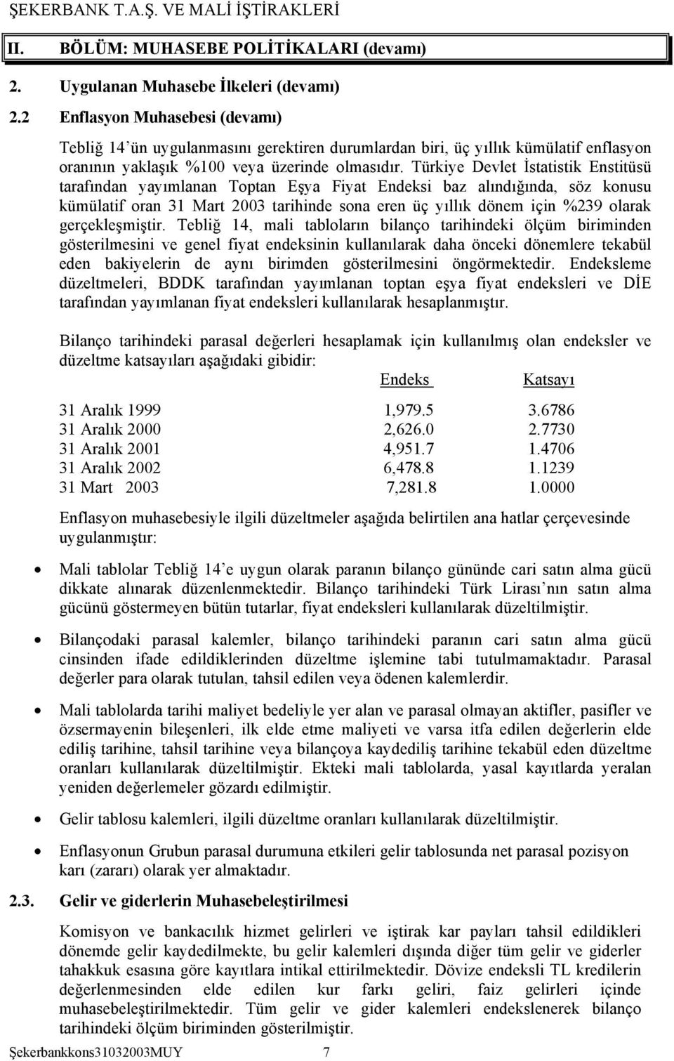 Türkiye Devlet İstatistik Enstitüsü tarafından yayımlanan Toptan Eşya Fiyat Endeksi baz alındığında, söz konusu kümülatif oran 31 Mart 2003 tarihinde sona eren üç yıllık dönem için %239 olarak