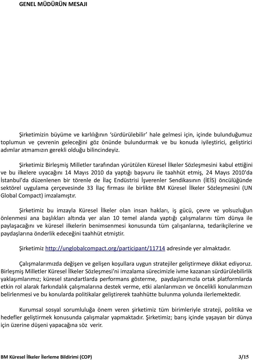 Şirketimiz Birleşmiş Milletler tarafından yürütülen Küresel İlkeler Sözleşmesini kabul ettiğini ve bu ilkelere uyacağını 14 Mayıs 2010 da yaptığı başvuru ile taahhüt etmiş, 24 Mayıs 2010'da