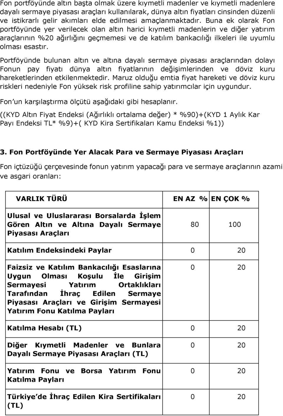 Buna ek olarak Fon portföyünde yer verilecek olan altın harici kıymetli madenlerin ve diğer yatırım araçlarının %20 ağırlığını geçmemesi ve de katılım bankacılığı ilkeleri ile uyumlu olması esastır.