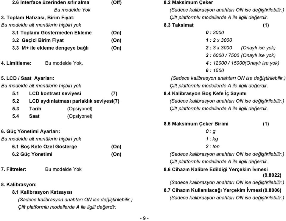 3 Tarih (Opsiynel) 5.4 Saat (Opsiynel) 6. Güç Yönetimi Ayarları: Bu mdelde alt menülerin hiçbiri yk 6.1 Bş Kefe Özel Gösterge (On) 6.2 Güç Yönetimi (On) 7. Filtreler: Bu mdelde Yk 8. Kalibrasyn: 8.