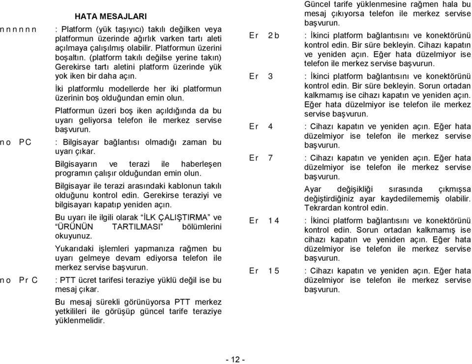 Platfrmun üzeri bş iken açıldığında da bu uyarı geliyrsa telefn ile merkez servise başvurun. : Bilgisayar bağlantısı lmadığı zaman bu uyarı çıkar.