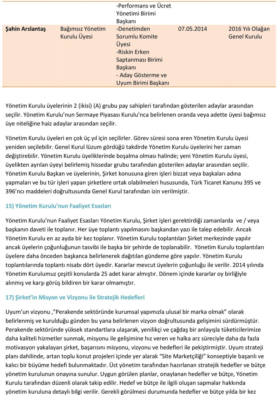 Yönetim Kurulu nun Sermaye Piyasası Kurulu nca belirlenen oranda veya adette üyesi bağımsız üye niteliğine haiz adaylar arasından seçilir. Yönetim Kurulu üyeleri en çok üç yıl için seçilirler.