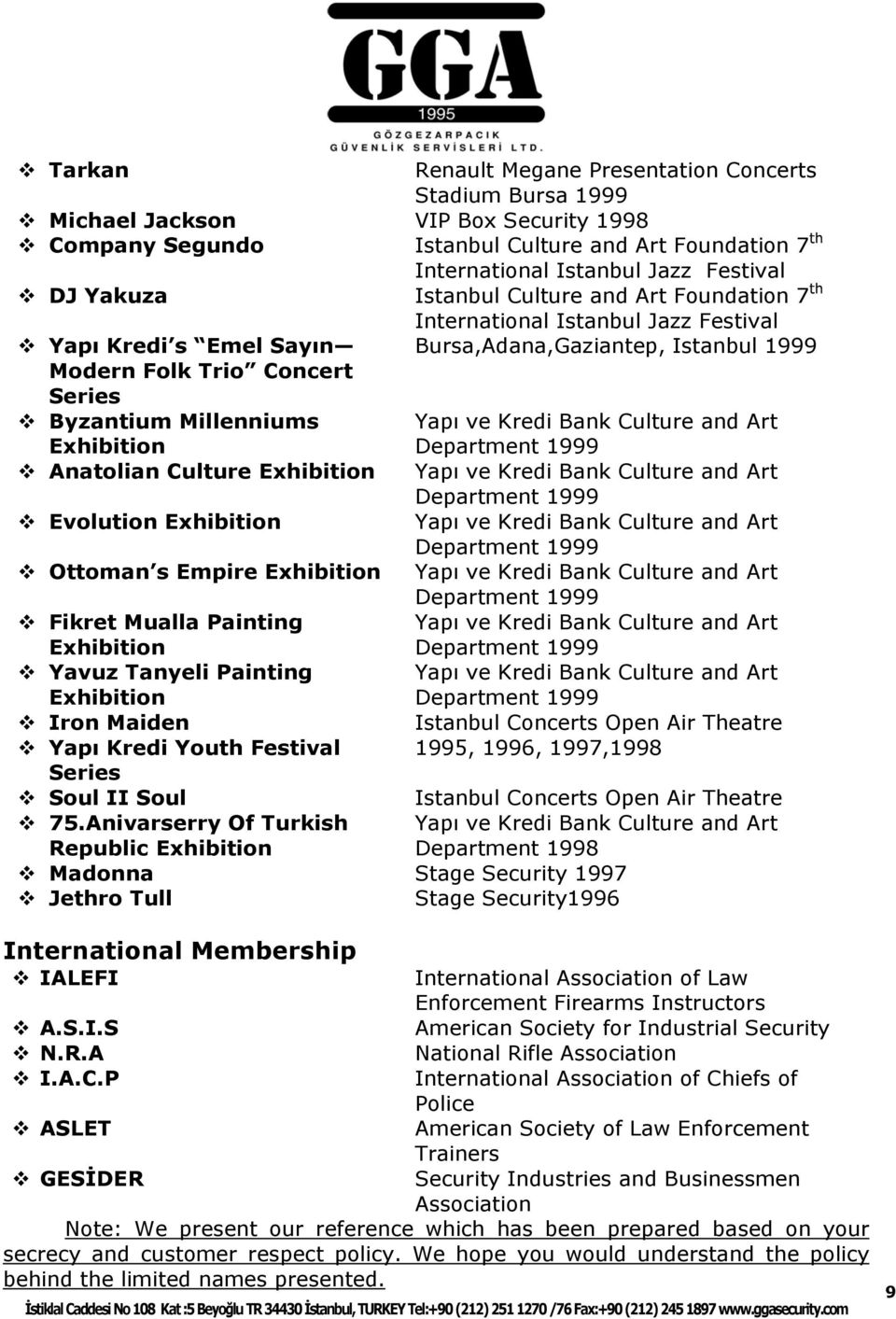 Bursa,Adana,Gaziantep, Istanbul 1999 Istanbul Concerts Open Air Theatre 1995, 1996, 1997,1998 Fikret Mualla Painting Yavuz Tanyeli Painting Iron Maiden Yapı Kredi Youth Series Soul II Soul 75.