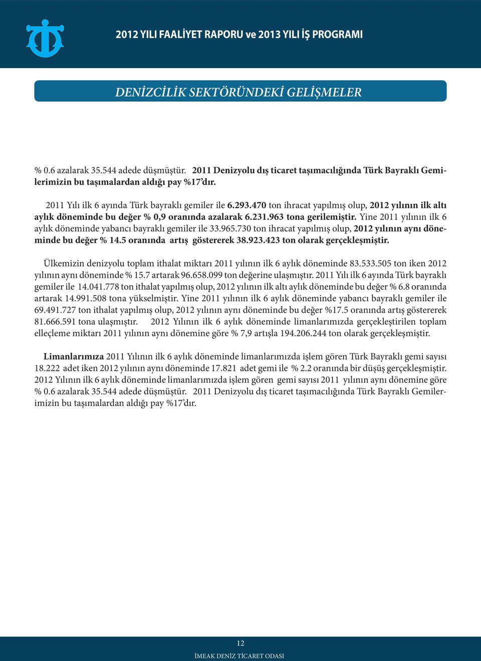 Yine 2011 yılının ilk 6 aylık döneminde yabancı bayraklı gemiler ile 33.965.730 ton ihracat yapılmış olup, 2012 yılının aynı döneminde bu değer % 14.5 oranında artış göstererek 38.923.