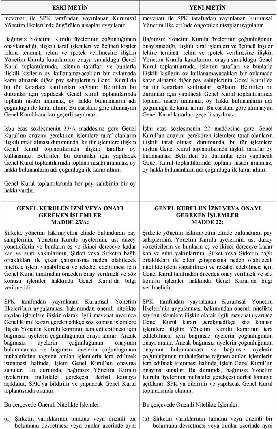 Kurul toplantılarında, işlemin tarafları ve bunlarla ilişkili kişilerin oy kullanamayacakları bir oylamada karar alınarak diğer pay sahiplerinin Genel Kurul da bu tür kararlara katılmaları sağlanır.