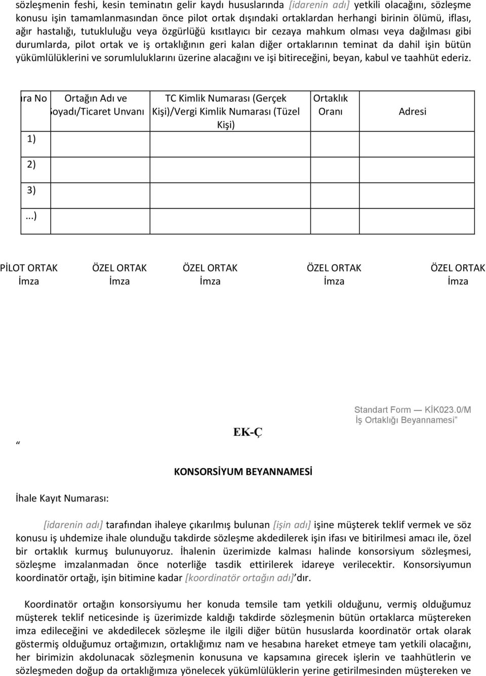 işin bütün yükümlülüklerini ve sorumluluklarını üzerine alacağını ve işi bitireceğini, beyan, kabul ve taahhüt ederiz. Sıra No Ortağın Adı ve Soyadı/Ticaret Unvanı 1) 2) 3).