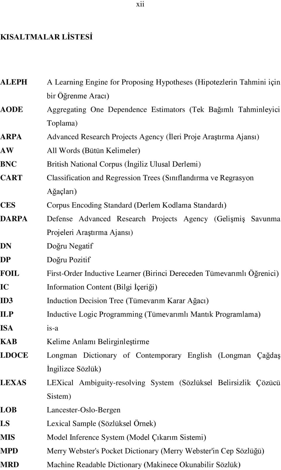 Corpus (İngiliz Ulusal Derlemi) Classification and Regression Trees (Sınıflandırma ve Regrasyon Ağaçları) Corpus Encoding Standard (Derlem Kodlama Standardı) Defense Advanced Research Projects Agency