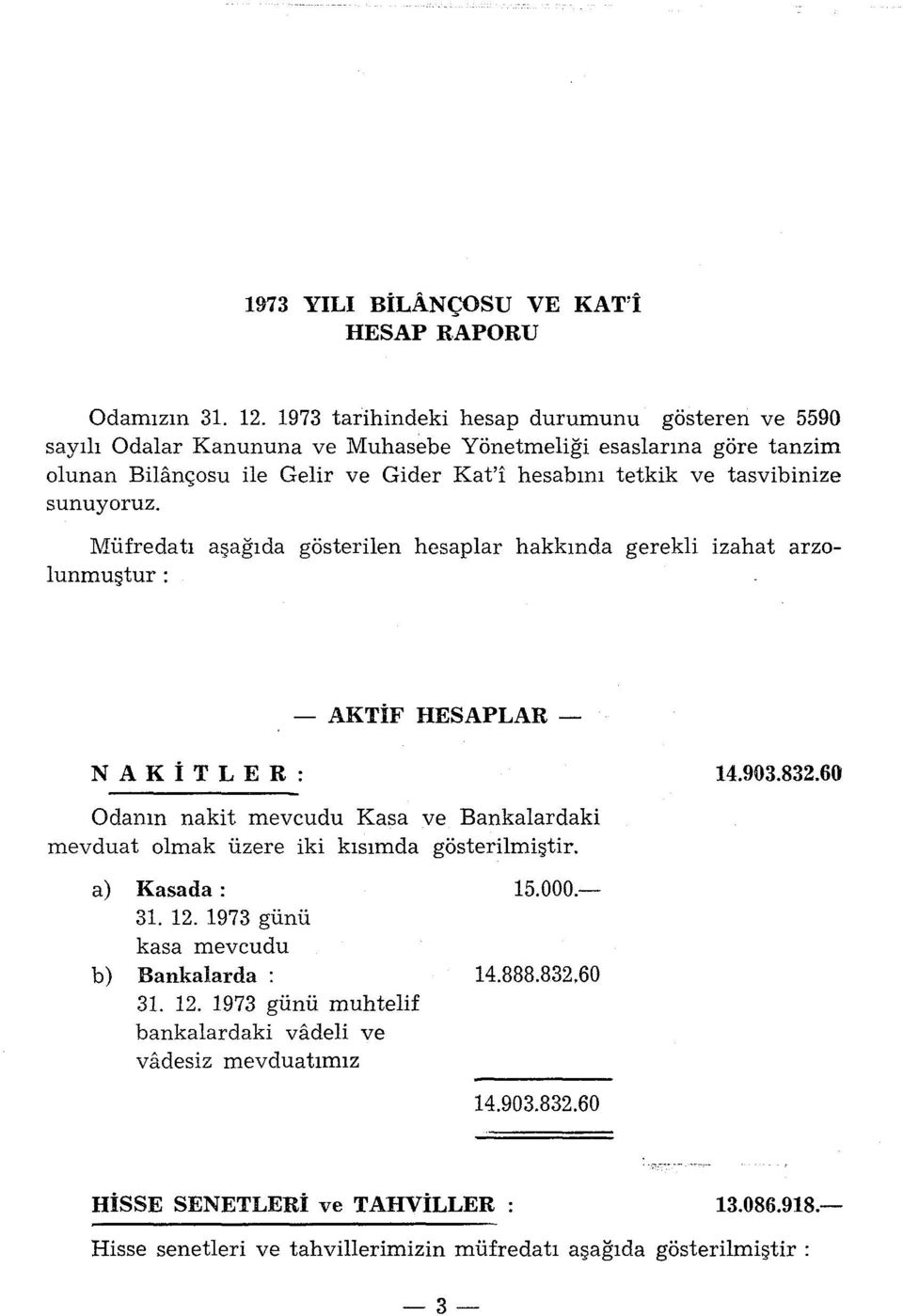 60 ı 4.903.832.60 HİSSE SENETLERİ ve TAHViLLER Hisse senetleri ve tahvillerimizin müfredatı aşağıda gösterilmiştir : Odamızın 31. 12.