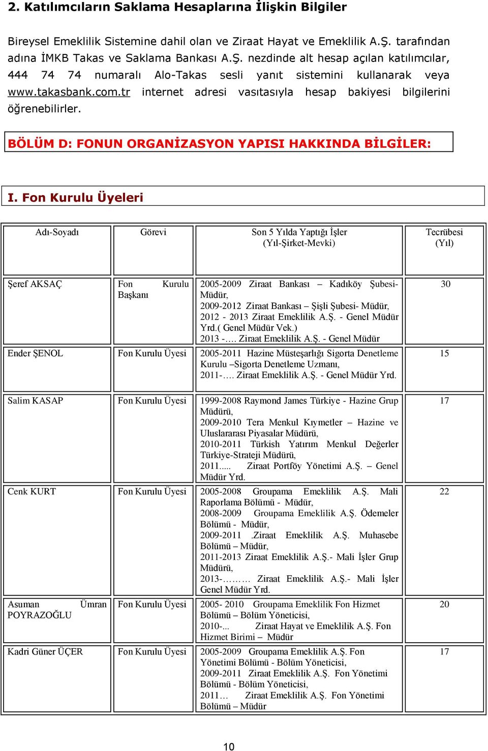 tr internet adresi vasıtasıyla hesap bakiyesi bilgilerini öğrenebilirler. BÖLÜM D: FONUN ORGANİZASYON YAPISI HAKKINDA BİLGİLER: I.