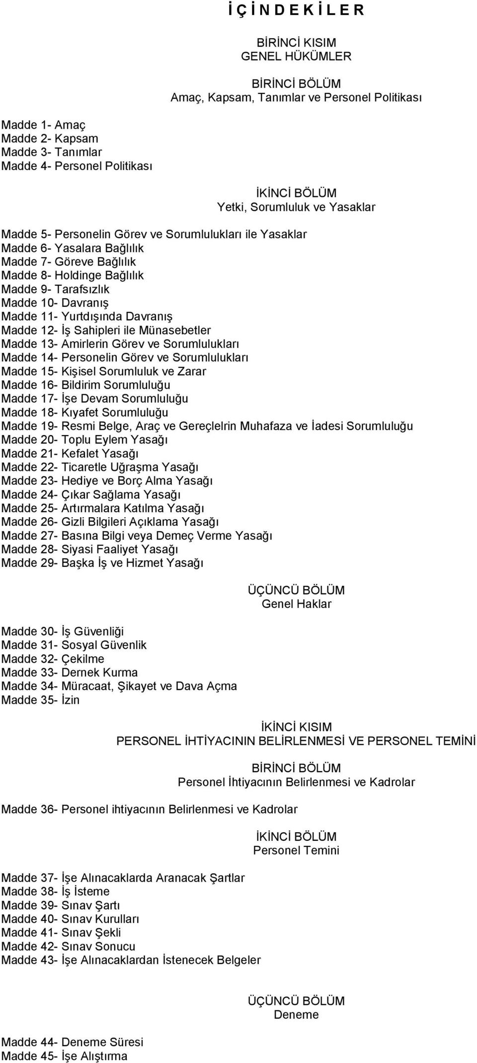 10- Davranış Madde 11- Yurtdışında Davranış Madde 12- İş Sahipleri ile Münasebetler Madde 13- Amirlerin Görev ve Sorumlulukları Madde 14- Personelin Görev ve Sorumlulukları Madde 15- Kişisel