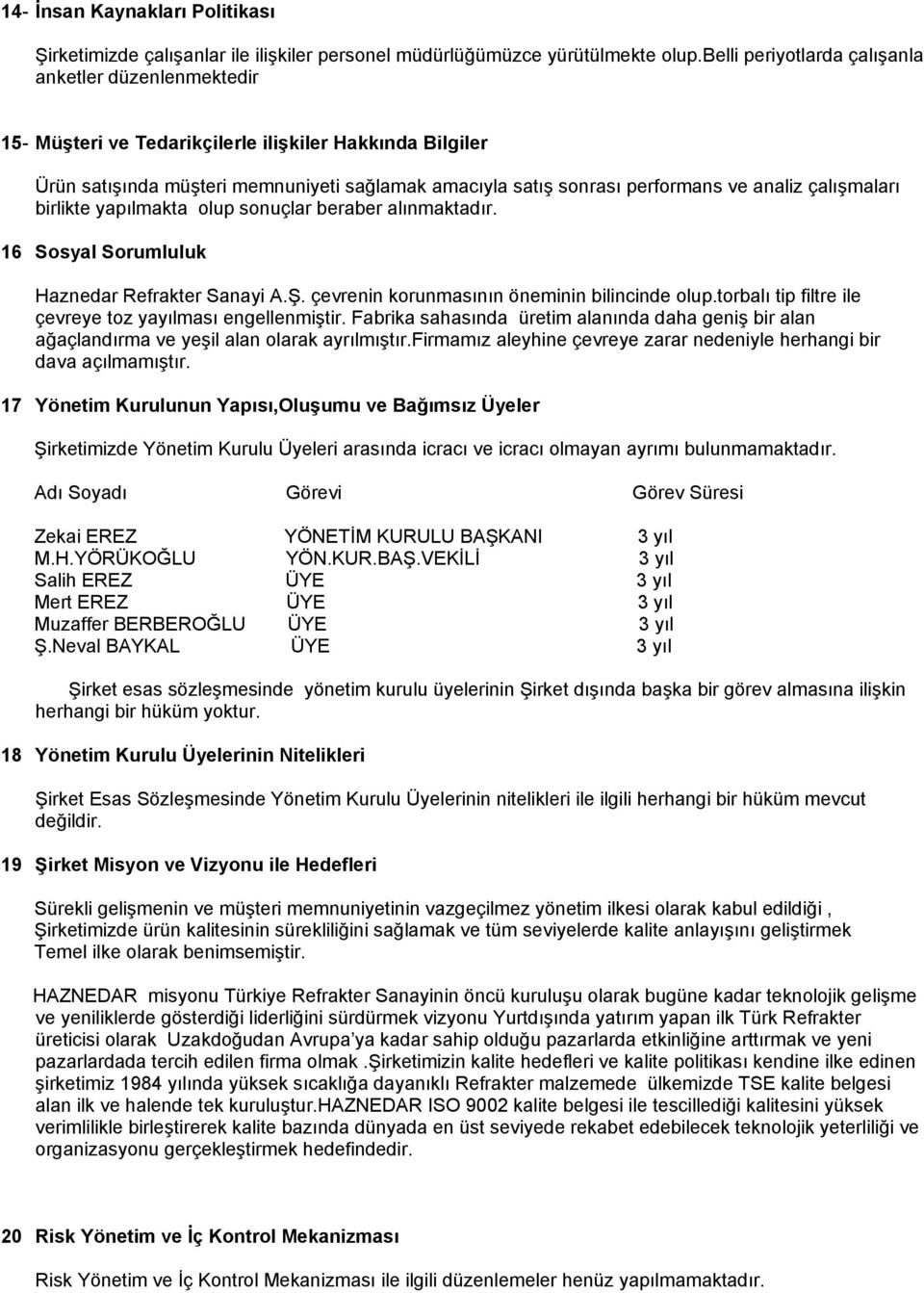 analiz çalışmaları birlikte yapılmakta olup sonuçlar beraber alınmaktadır. 16 Sosyal Sorumluluk Haznedar Refrakter Sanayi A.Ş. çevrenin korunmasının öneminin bilincinde olup.