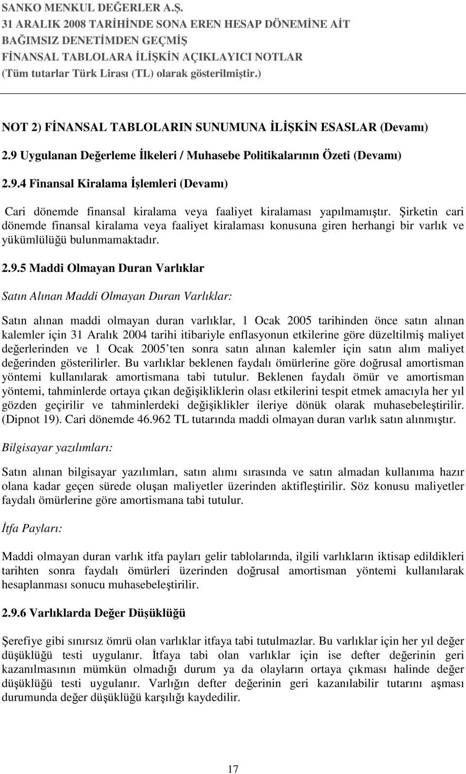 5 Maddi Olmayan Duran Varlıklar Satın Alınan Maddi Olmayan Duran Varlıklar: Satın alınan maddi olmayan duran varlıklar, 1 Ocak 2005 tarihinden önce satın alınan kalemler için 31 Aralık 2004 tarihi